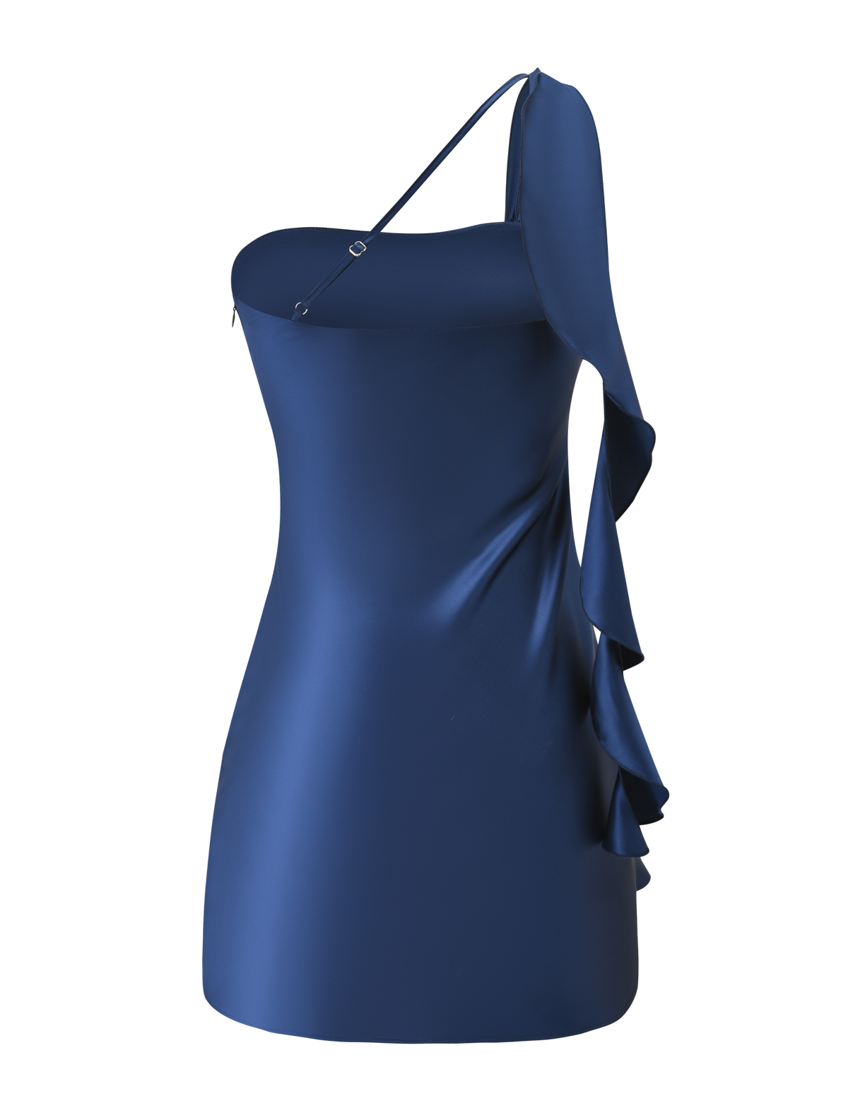 The RAINEY MINI DRESS - NAVY by TIGERMIST is a sleeveless, one-shoulder satin mini dress in navy with a fitted silhouette and dramatic waterfall ruffle down one side, shown on a plain white background.