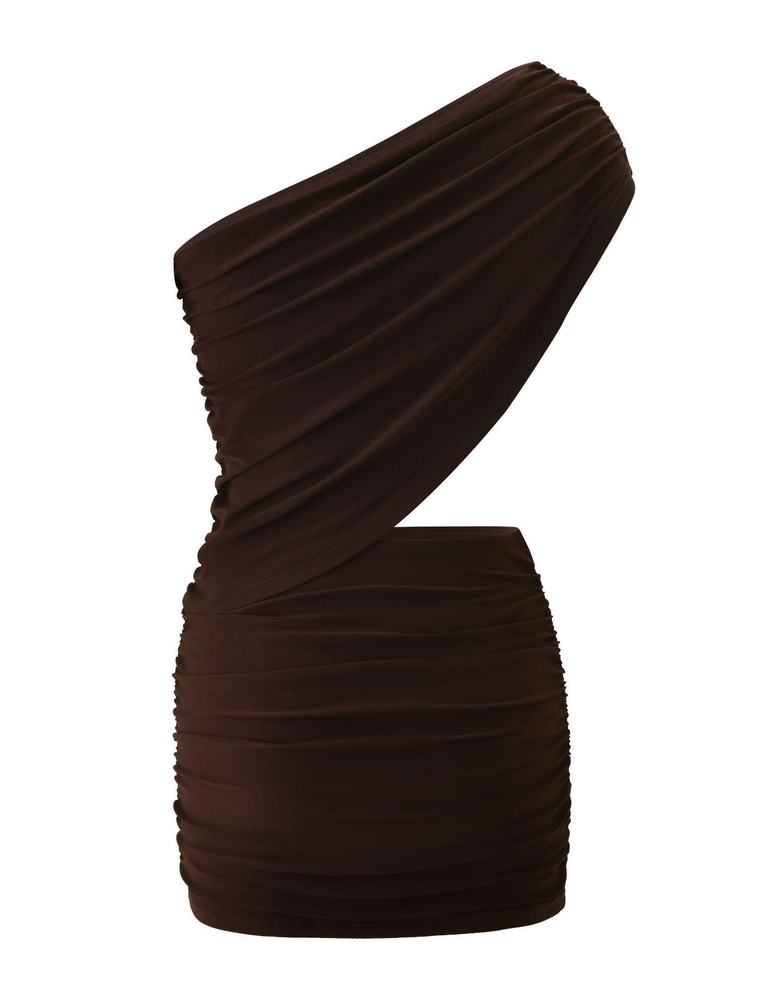 The TIGERMIST RYLAND DRAPED MINI DRESS in chocolate features a fitted silhouette, ruched mini skirt, and an asymmetrical one-shoulder neckline, shown against a plain white background.