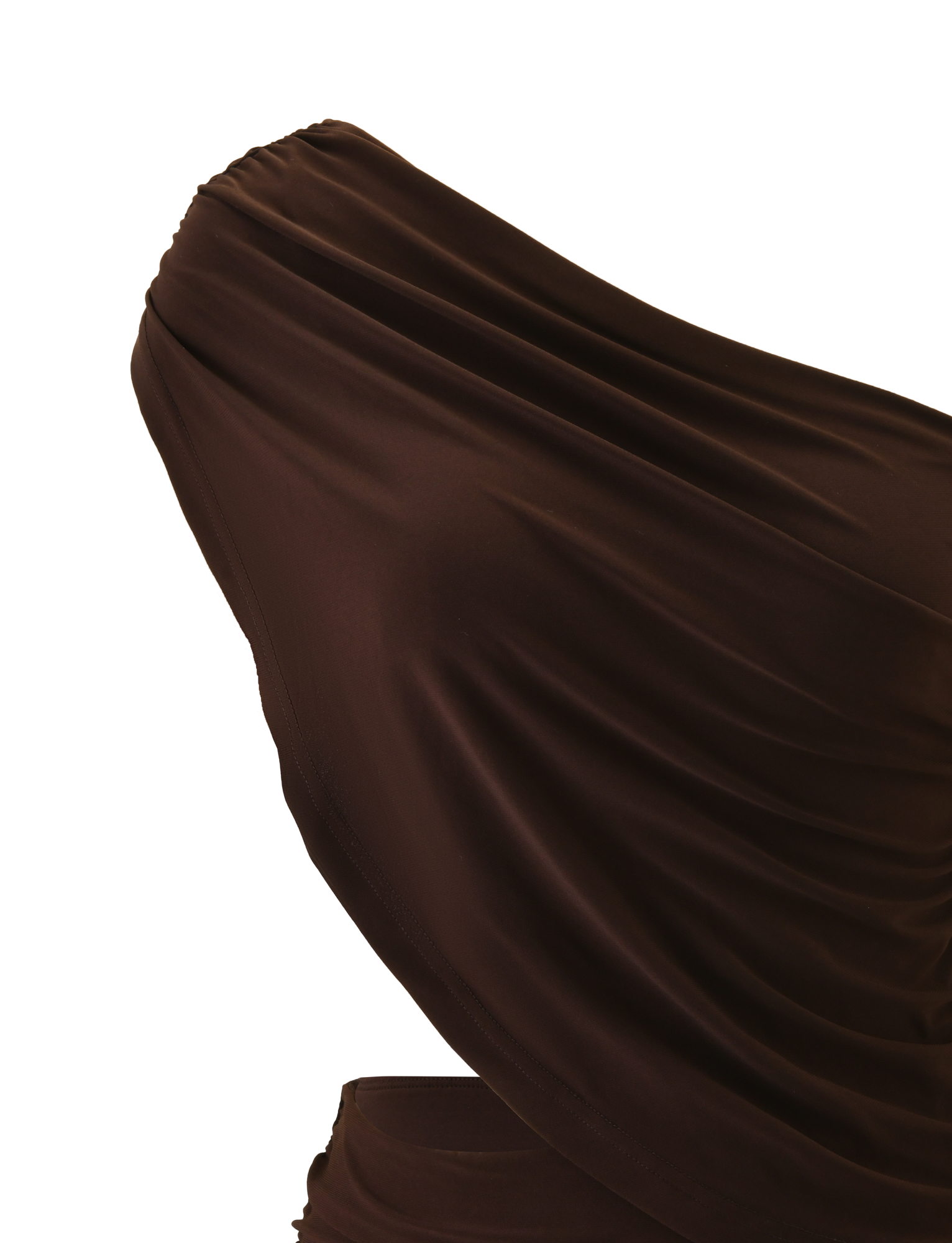 Close-up of the TIGERMIST RYLAND DRAPED MINI DRESS in chocolate, featuring a one-shoulder draped design and gathered fabric for soft folds and a smooth texture, shown against a white background.