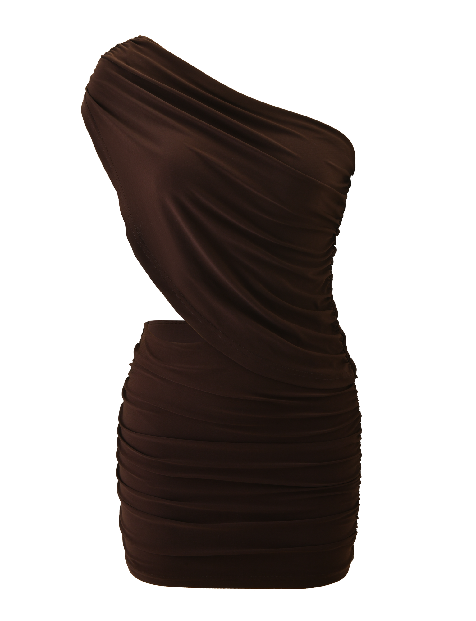 The TIGERMIST RYLAND DRAPED MINI DRESS in chocolate features a fitted, one-shoulder design with ruched detailing and an asymmetric neckline, shown on a plain white background.
