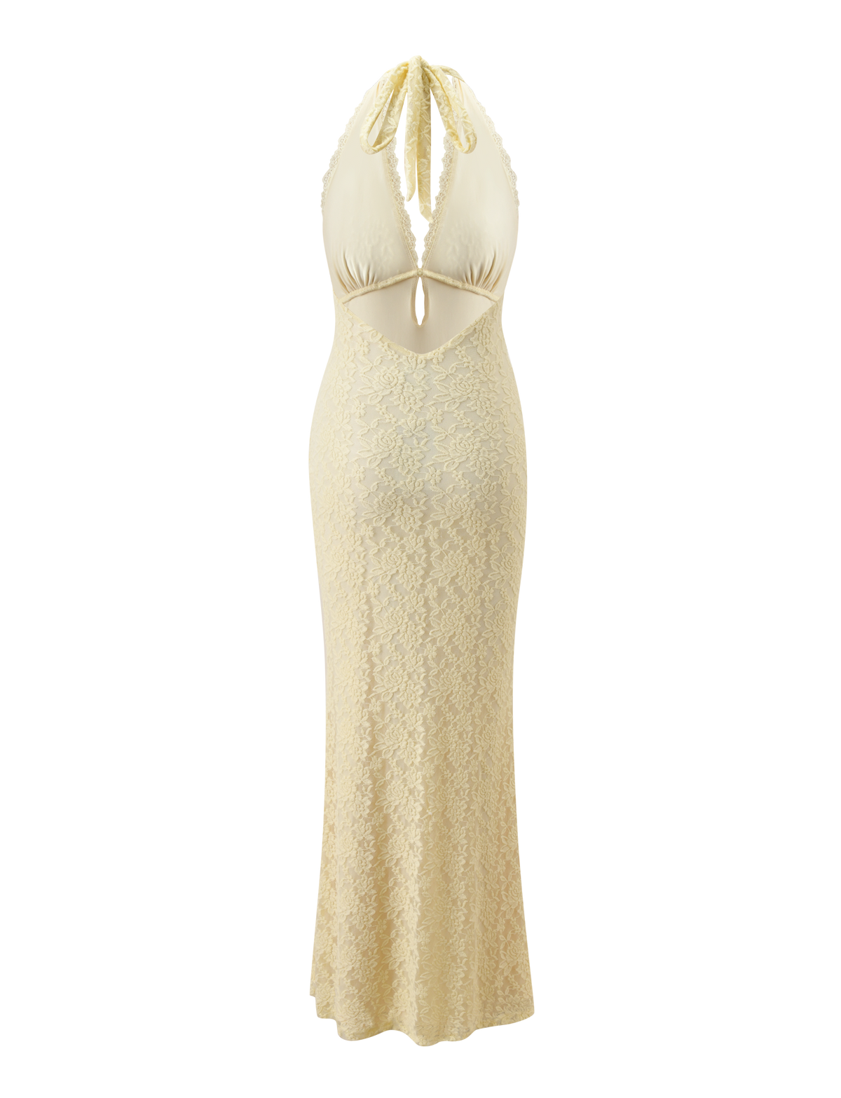 The MAVEN LACE MAXI DRESS by TIGERMIST features a floor-length, sleeveless design in pastel yellow lace with a halter neckline, deep V-neck, keyhole cutout under the bust, and a fitted silhouette.