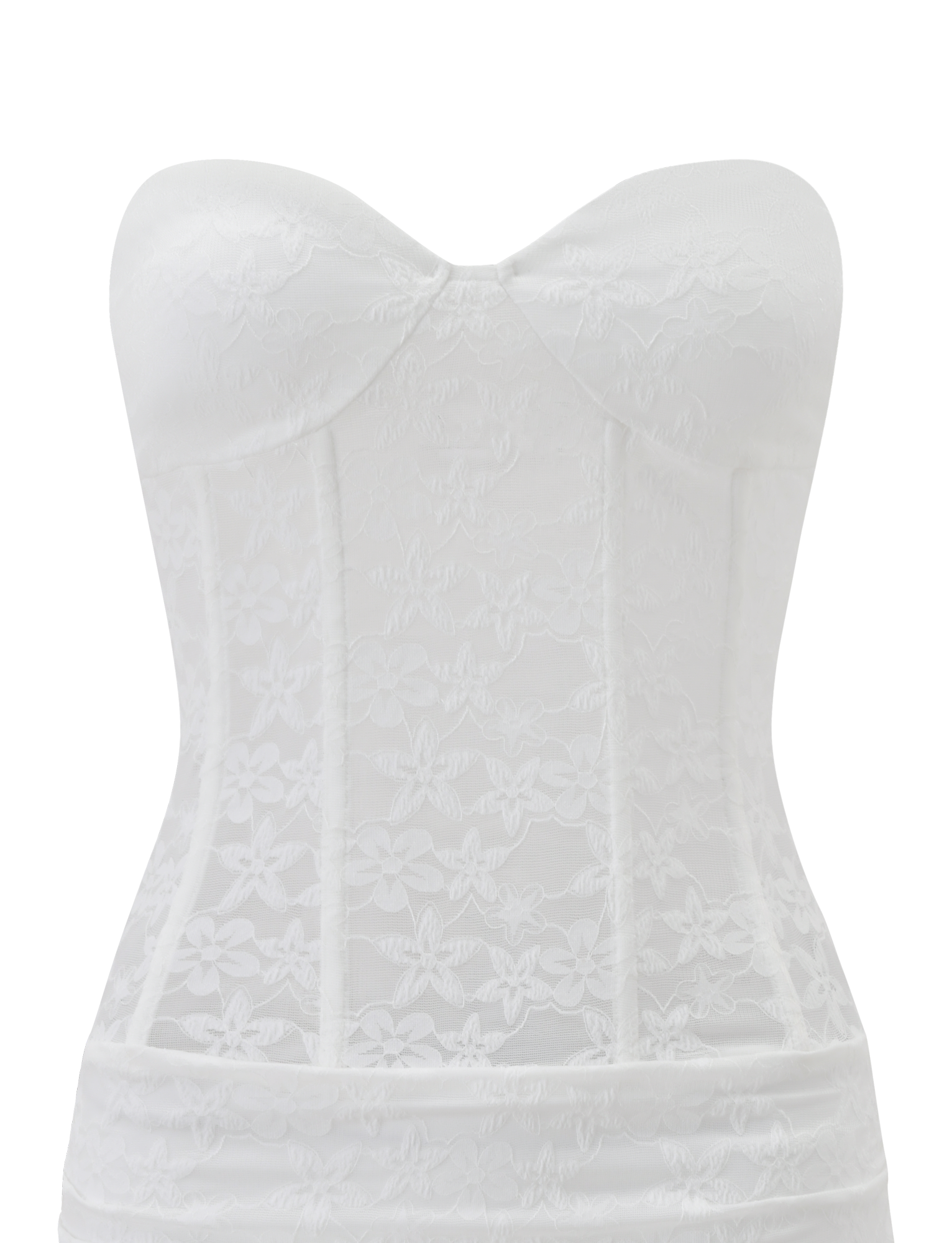 The PETRA MINI DRESS by TIGERMIST features white floral lace, a strapless sweetheart neckline, and a corset bodice with structured boning for support.