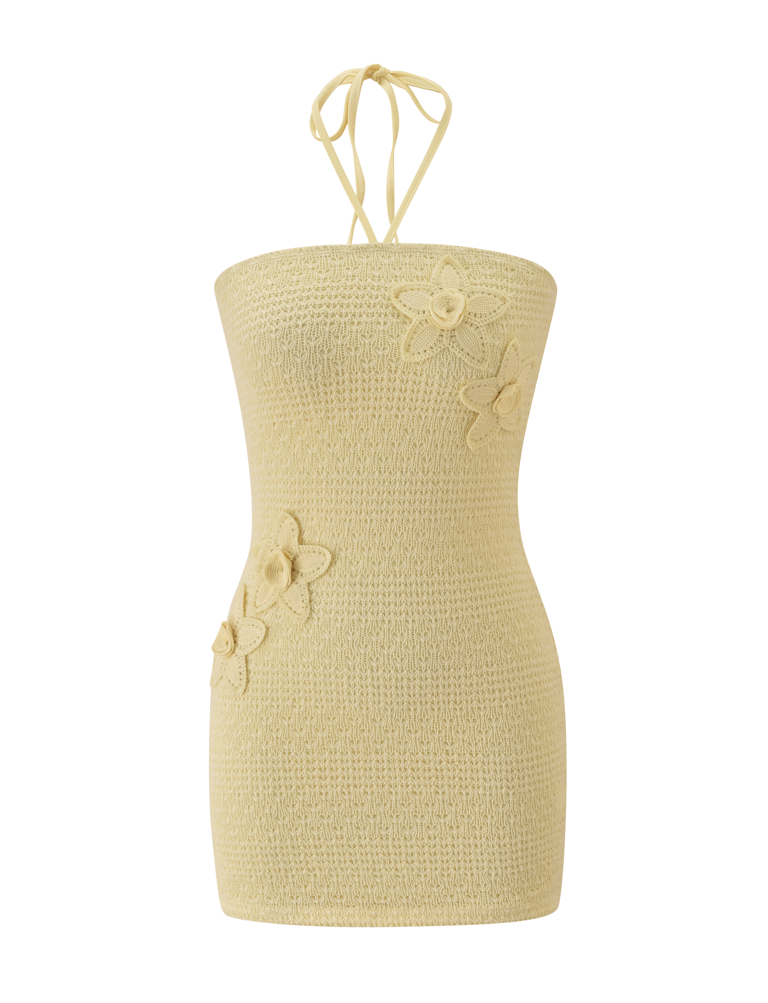 The TIGERMIST KORRI DRESS - BUTTER is a light yellow knit mini dress with crochet floral appliques, a halter neck tie strap, and three decorative flowers on the front, shown on a plain white background.