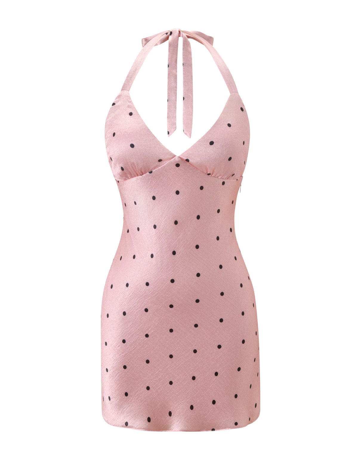 The CINCIE MINI DRESS - PINK DOT by TIGERMIST is a playful satin halter-neck mini dress with black polka dots and a neck tie, shown against a plain white background.