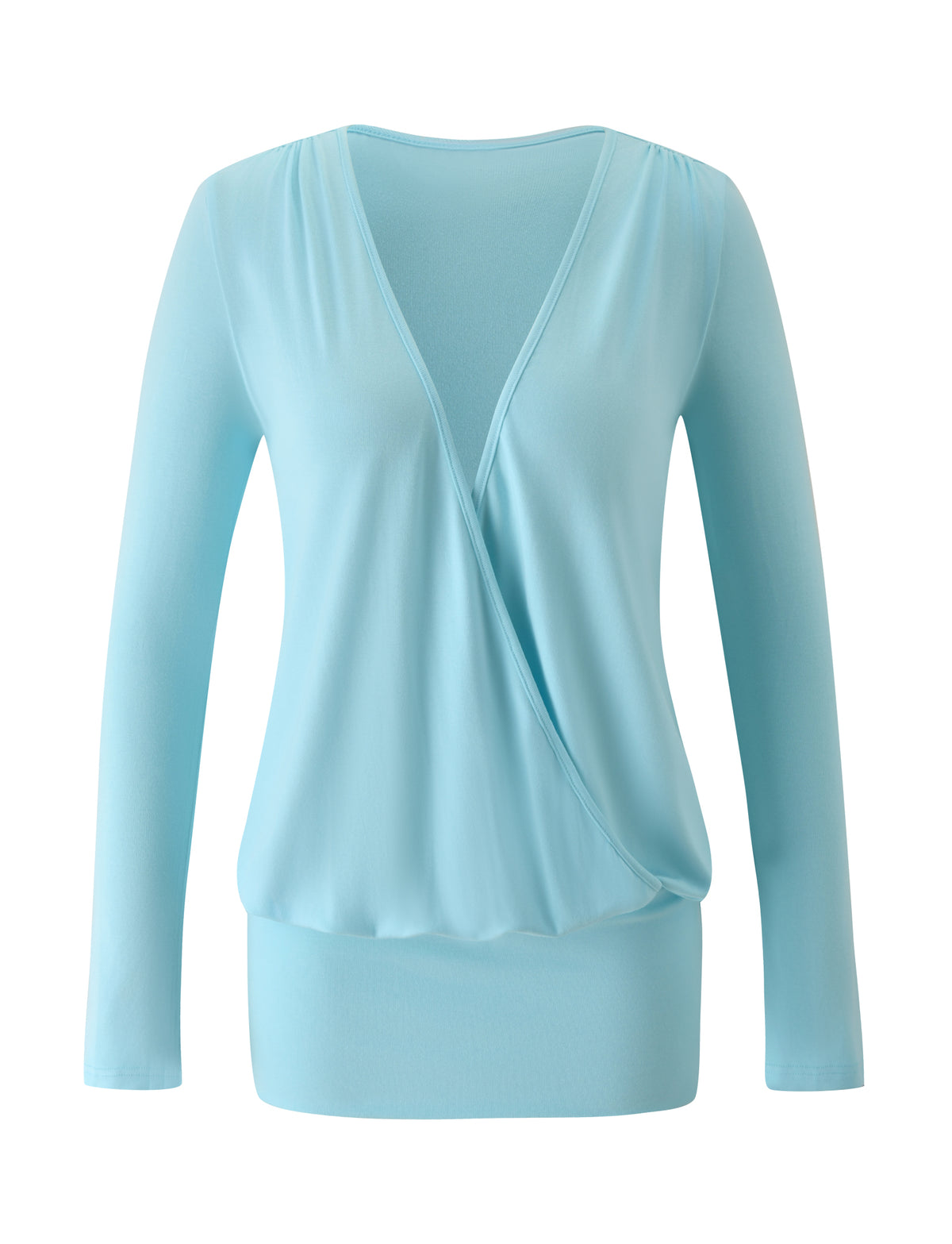 Introducing the FOXLEY MINI DRESS in Aqua Blue by TIGERMIST—a light blue, long-sleeve mini dress featuring a deep V-neck and faux wrap front that channels the sophisticated look of a classic surplice style. Crafted from soft fabric with a wide, fitted bottom hem for a polished finish, this dress offers effortless elegance for any occasion.