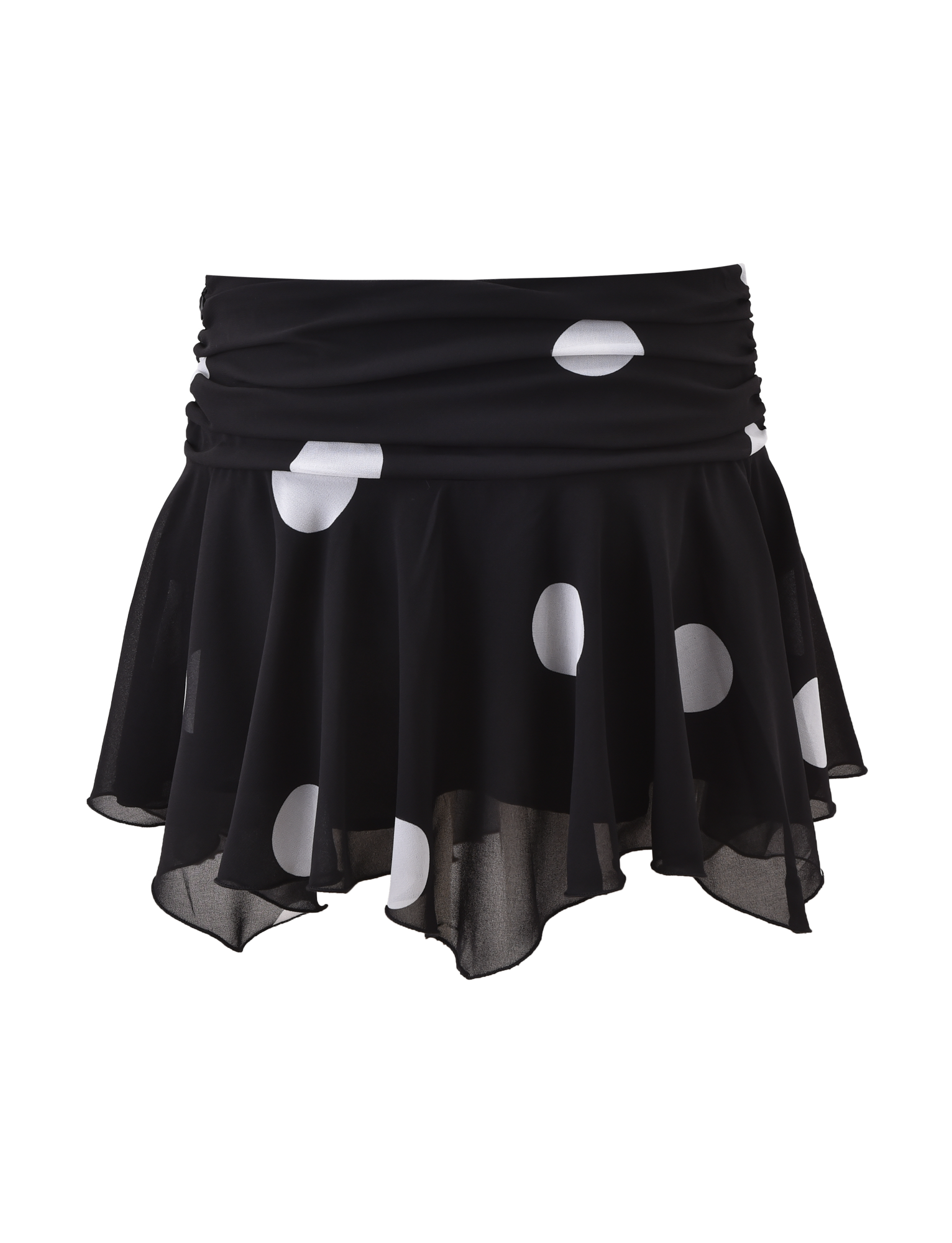 The AYDIN MINI SKIRT by TIGERMIST features black chiffon with large white polka dots, a ruched waistband, and a flowy, asymmetrical hem for a playful, chic style.