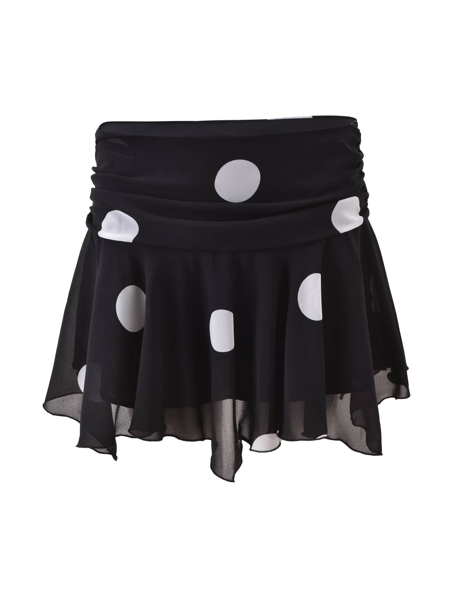 The AYDIN MINI SKIRT by TIGERMIST is a black chiffon mini with large white polka dots, a ruched waistband, layered flowy design, and an asymmetrical hem for a playful, modern vibe.