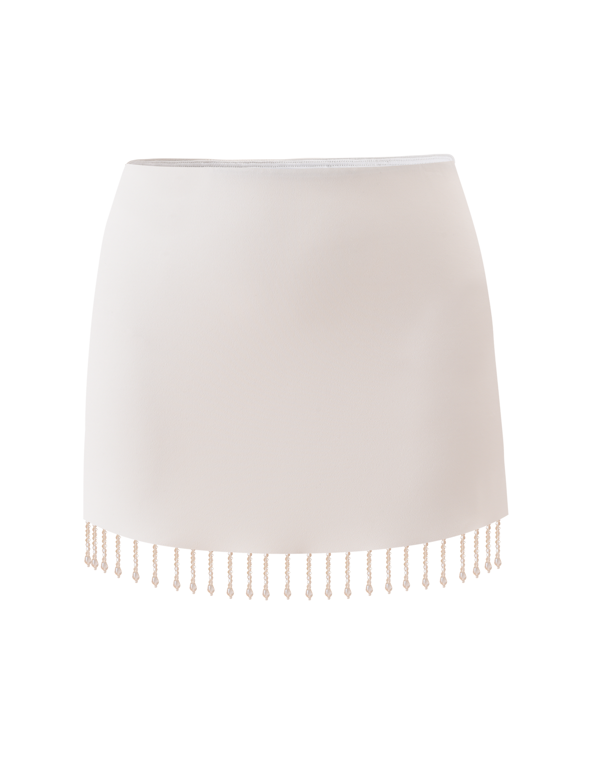 The AUBRIELLA TASSLE MINI SKIRT by TIGERMIST features a cream hue, simple straight cut, and playful beaded tassel fringe along the hem for a stylish touch.