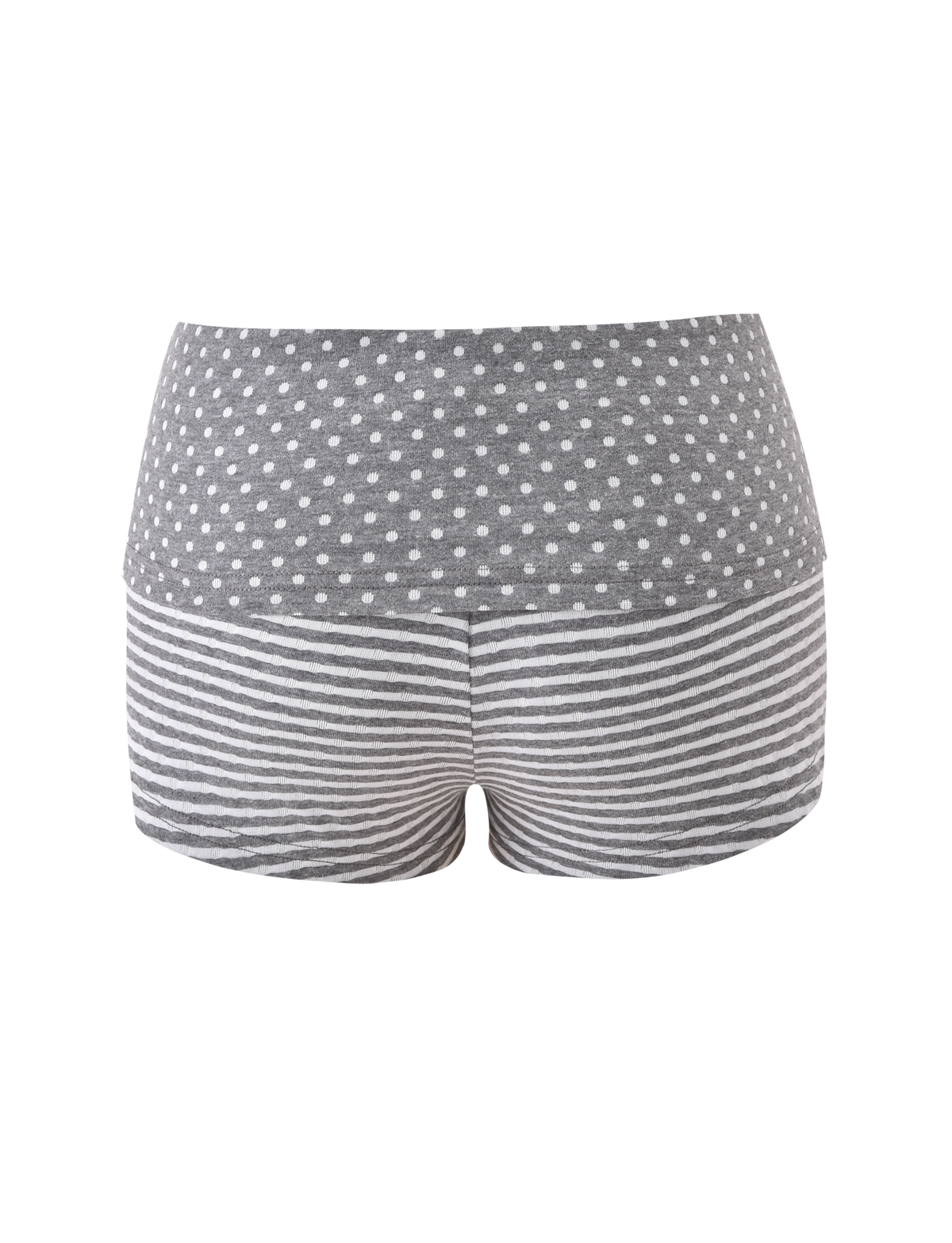 The DASHIELL MINI SHORT by TIGERMIST is a heather grey women's low-rise short, featuring polka dots on the upper half and horizontal white and grey stripes on the lower half, shown against a white background.