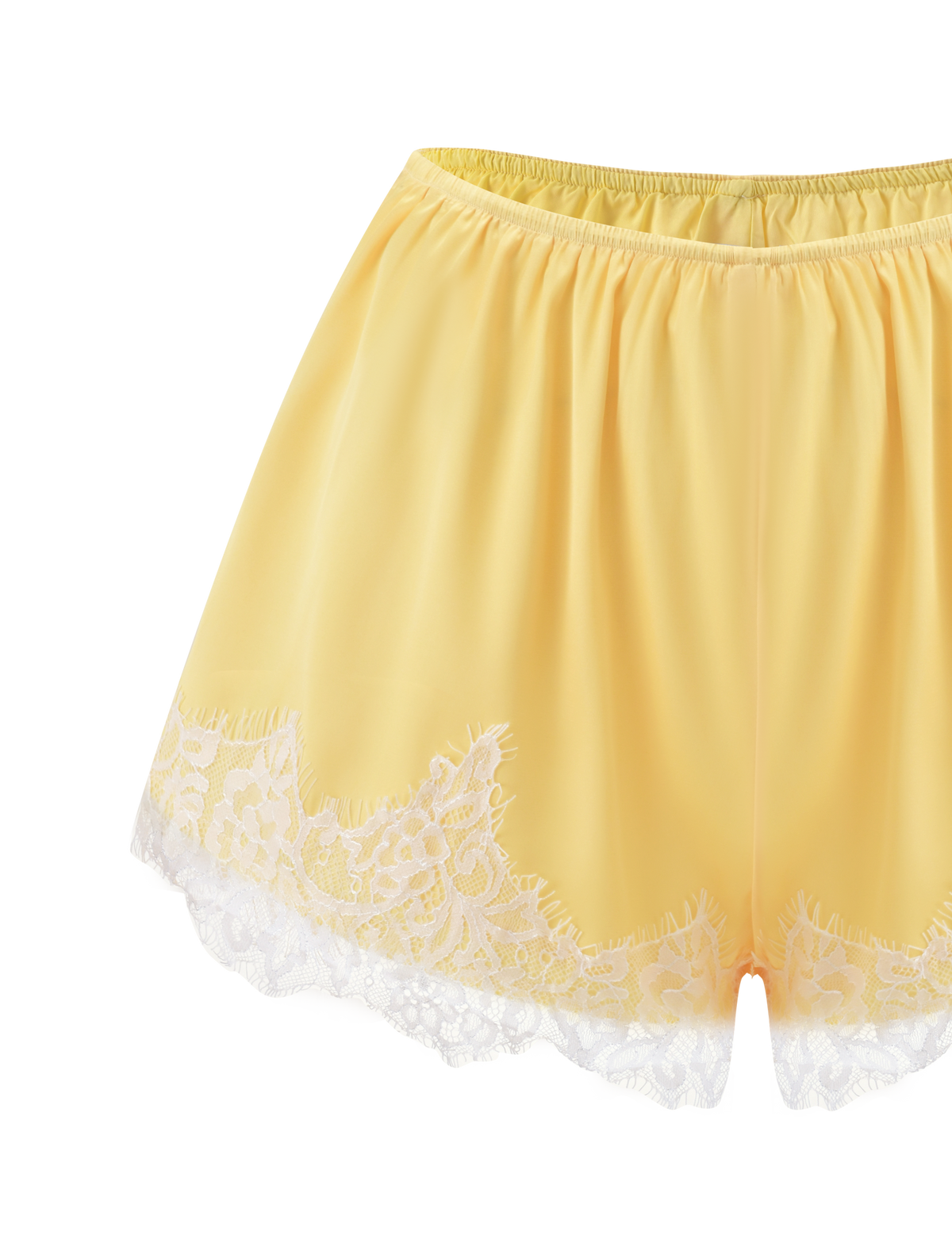The SOLSTICE SHORT - YELLOW by TIGERMIST features yellow satin fabric, an elastic waistband, and white lace hem—ideal to pair with the matching Solstice Top.
