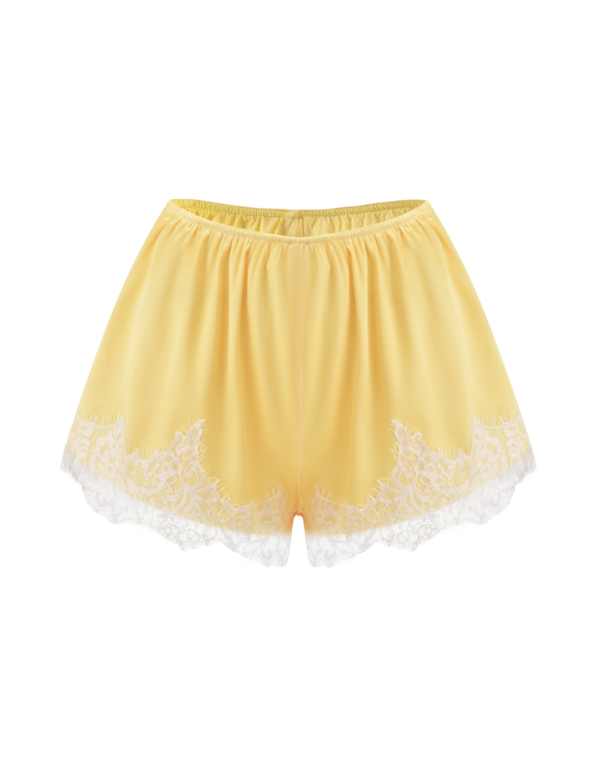 The SOLSTICE SHORT - YELLOW by TIGERMIST is a yellow satin mini short with white lace trim, elastic waistband, and a flowy fit. Displayed on a white background; pairs perfectly with the matching Solstice Top.