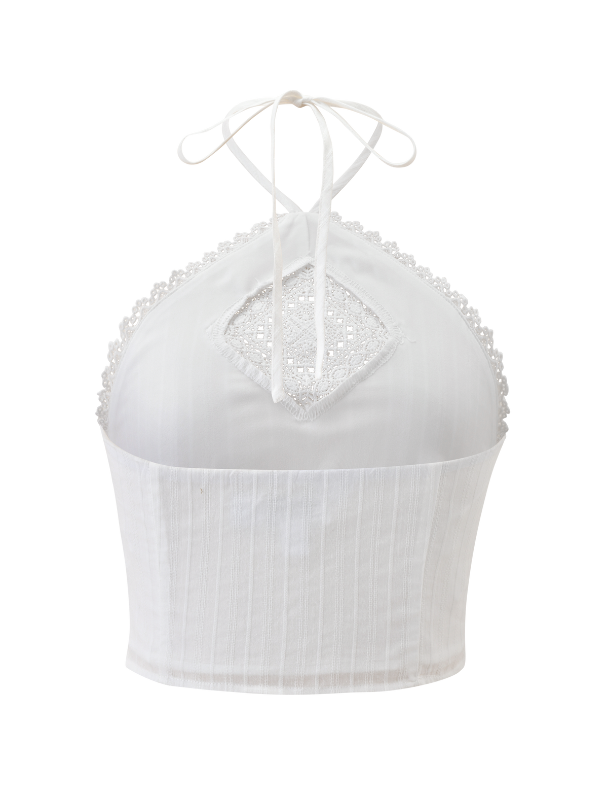 The LILETH TOP - WHITE by TIGERMIST features a halter neck, scallop eyelet trims, diamond lace chest cutout, and thin neck ties. Crafted from textured woven fabric with subtle vertical stripes.