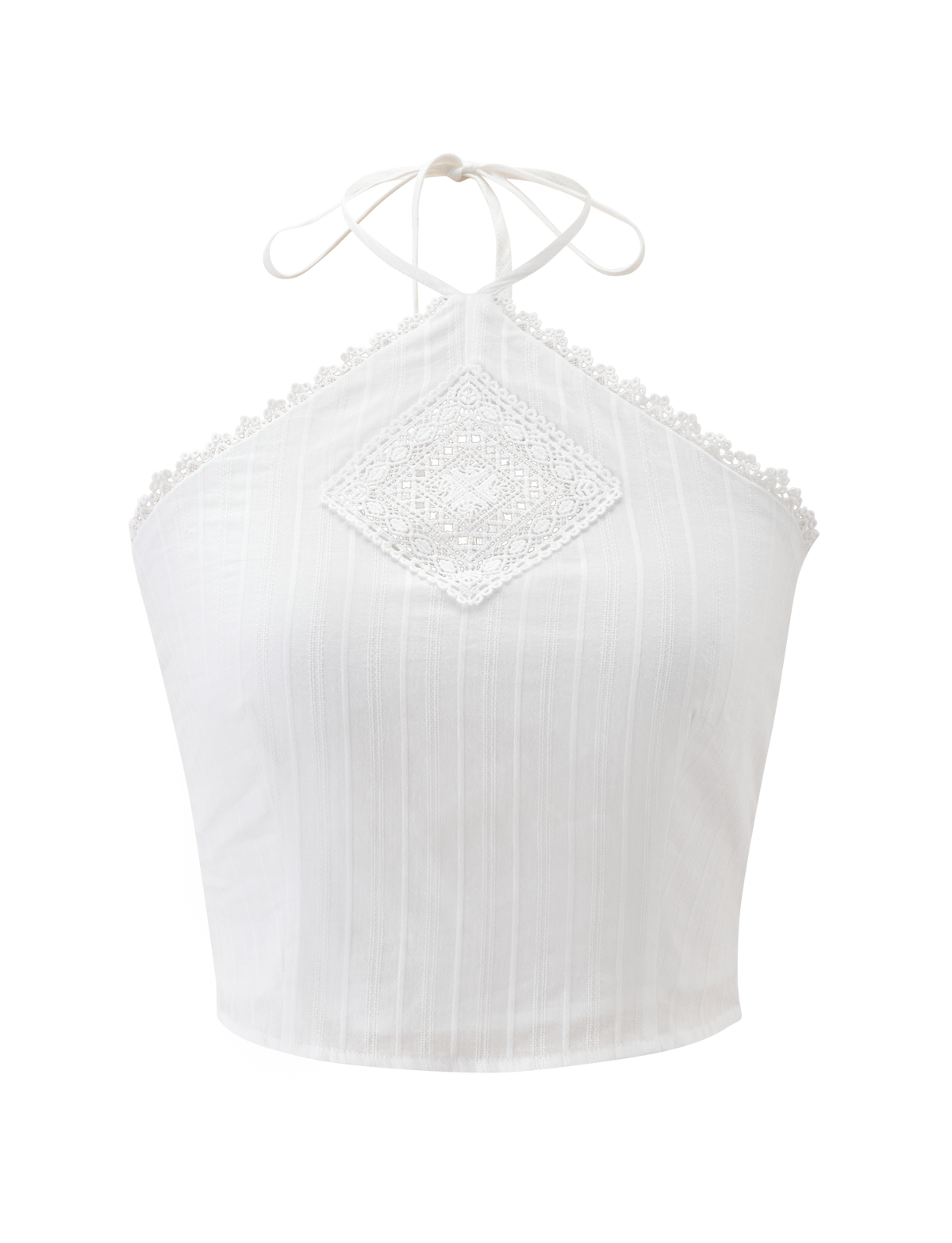 The LILETH TOP in white by TIGERMIST is a halter neck style with thin neck ties, a central lace diamond detail, scallop eyelet trims, and lace along the top edge.