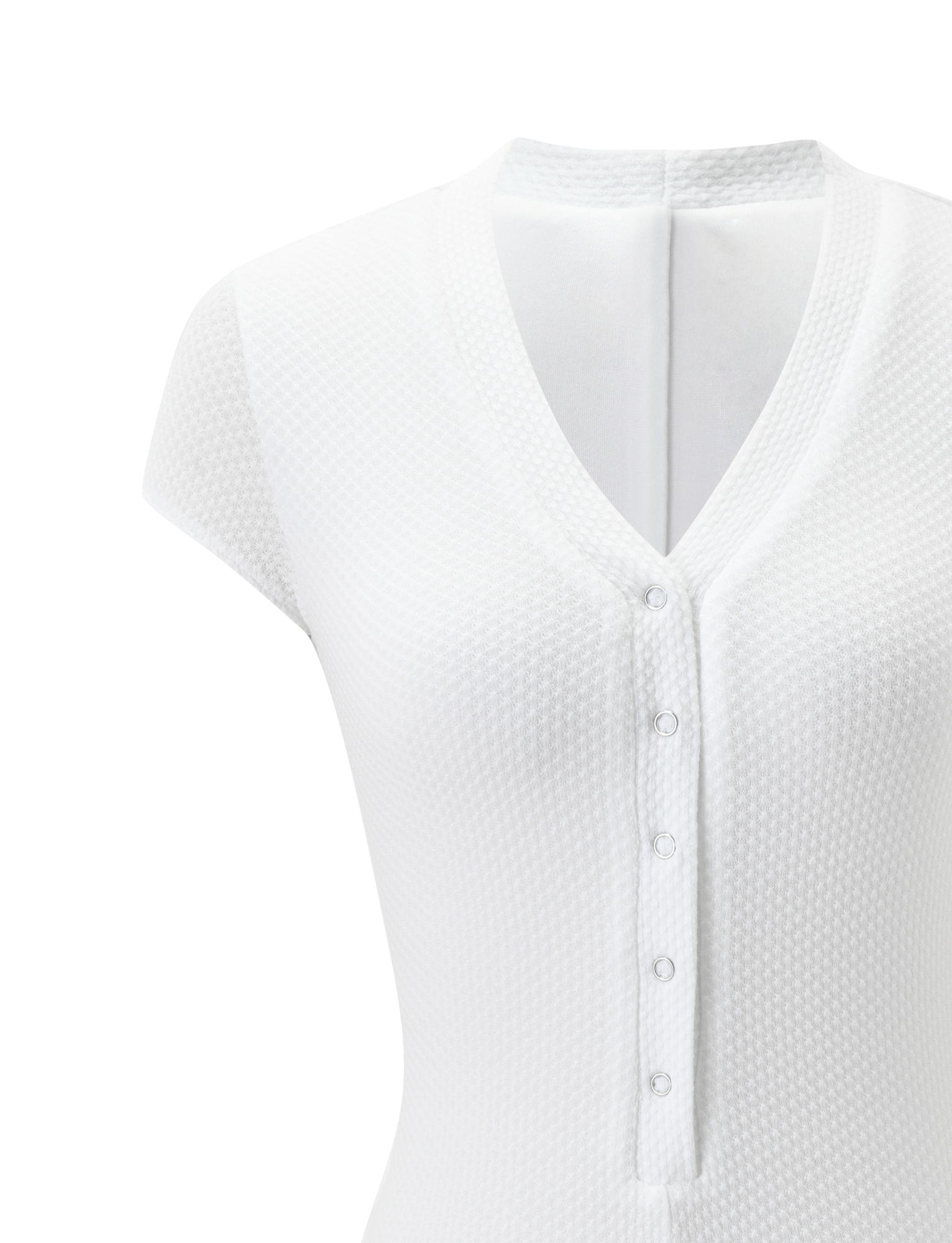 Close-up of the TIGERMIST HILSIE PLAYSUIT in white, featuring a textured V-neck, snap-button front, and form-fitting waffle-knit shorts. The plain background highlights this chic, detailed mini romper.