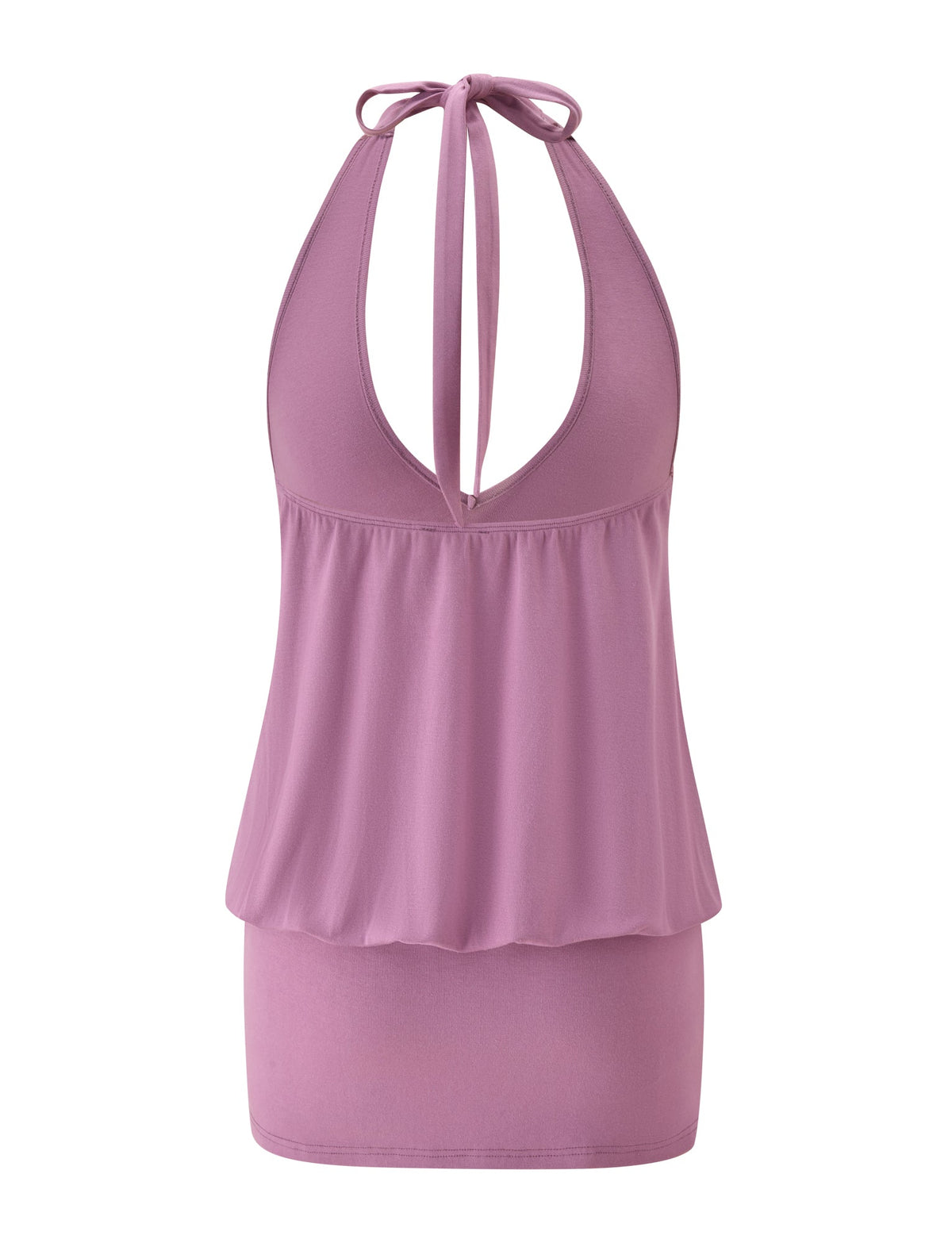 Introducing the ANALEE SKORT MINI DRESS in Plum by TIGERMIST: This sleeveless mini dress features a halter neckline with an elegant tie at the neck and a deep V-cut reminiscent of classic v-neck styles. The upper bodice showcases a blouson drop waist silhouette—flowy and relaxed—while the fitted skort design below creates a flattering, streamlined look.