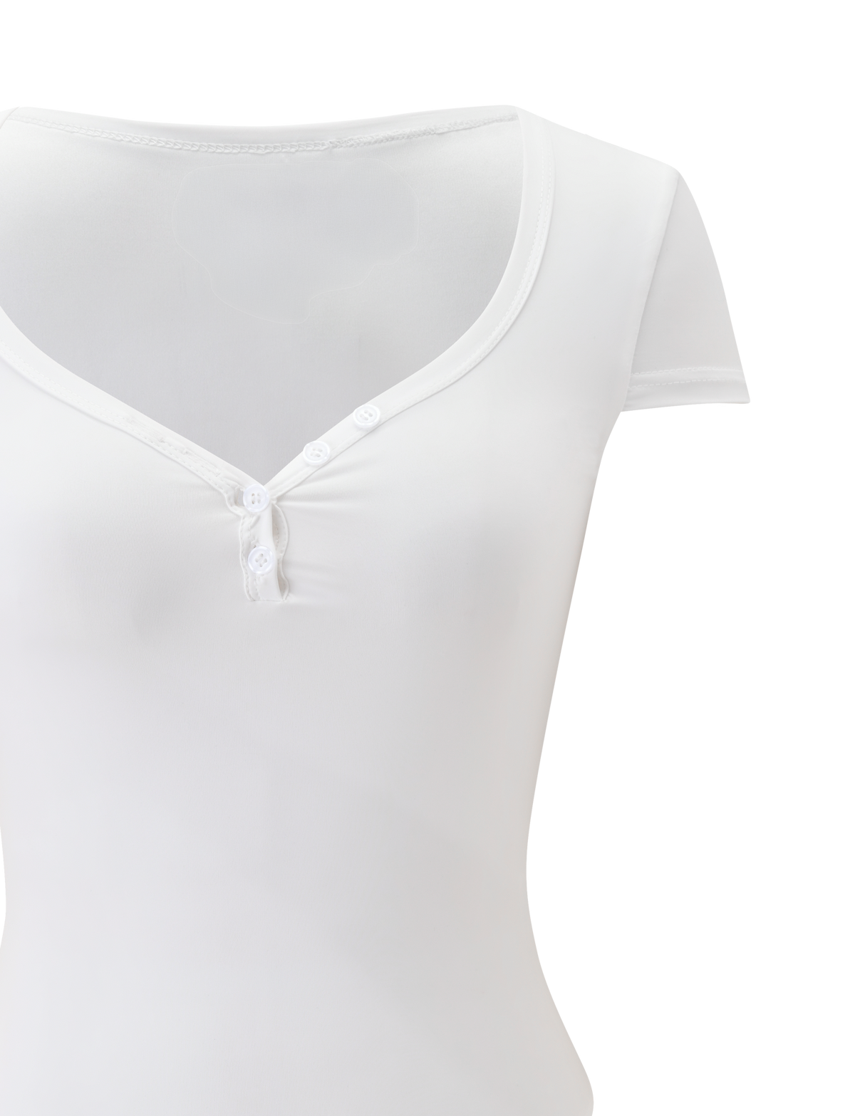 A close-up of the TIGERMIST JAXX BODYSUIT in white, featuring short sleeves and a deep scoop neckline with front buttons, displayed against a plain white background.