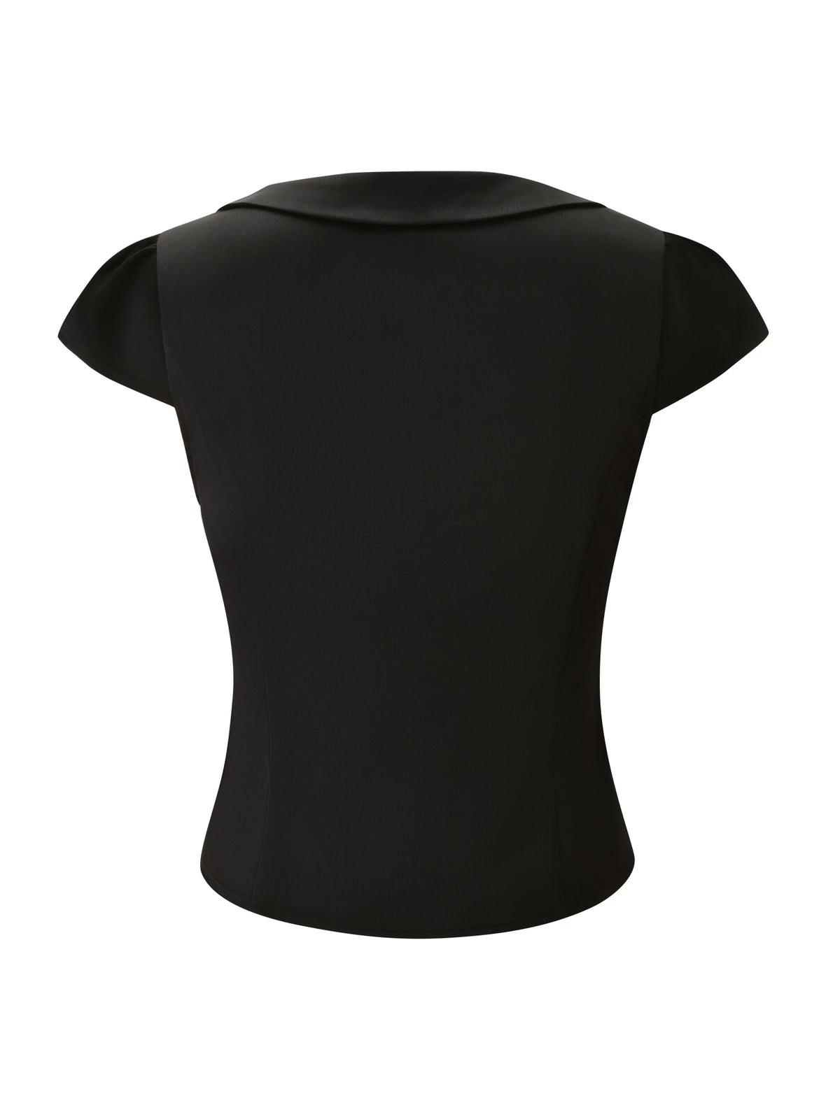 Back view of the MAURA TOP - BLACK, a black cap sleeve top featuring princess seams and a collared neckline.