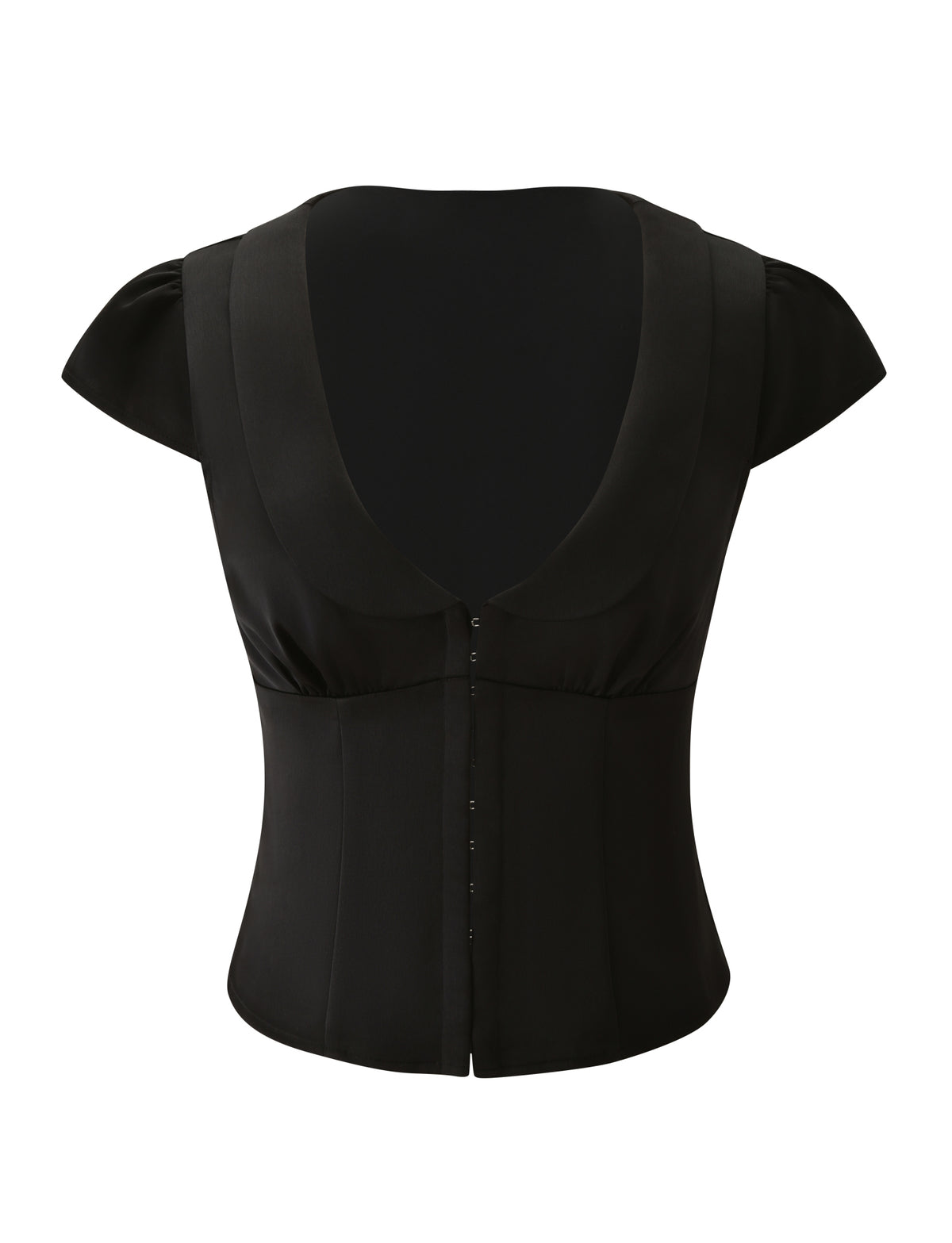 MAURA TOP - BLACK cap-sleeve top with a scooped neckline, wide collar, and front hook-and-eye closures.