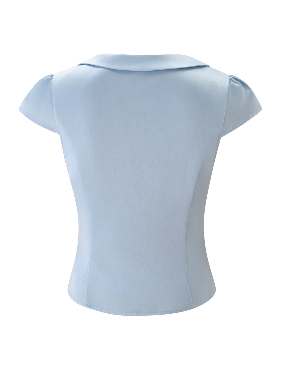 The MAURA TOP - SKY by TIGERMIST is a light blue short-sleeve blouse, shown from the back with a fitted silhouette, princess seams, small collar, and smooth, slightly stretchy fabric with subtle side seam details.
