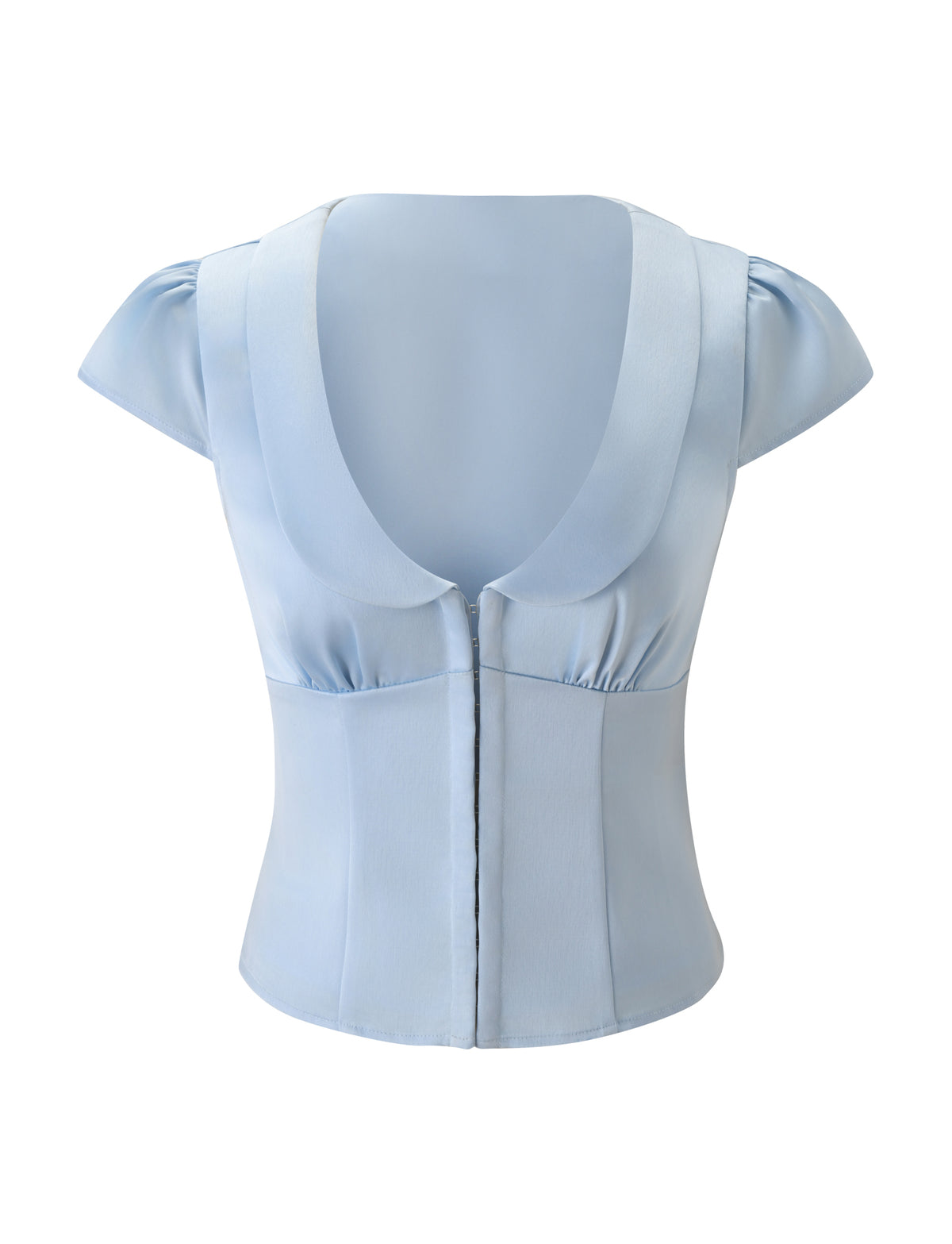 The MAURA TOP - SKY by TIGERMIST is a light sky blue satin cap sleeve top with a deep scooped neckline and elegant princess seams, shown against a white background.