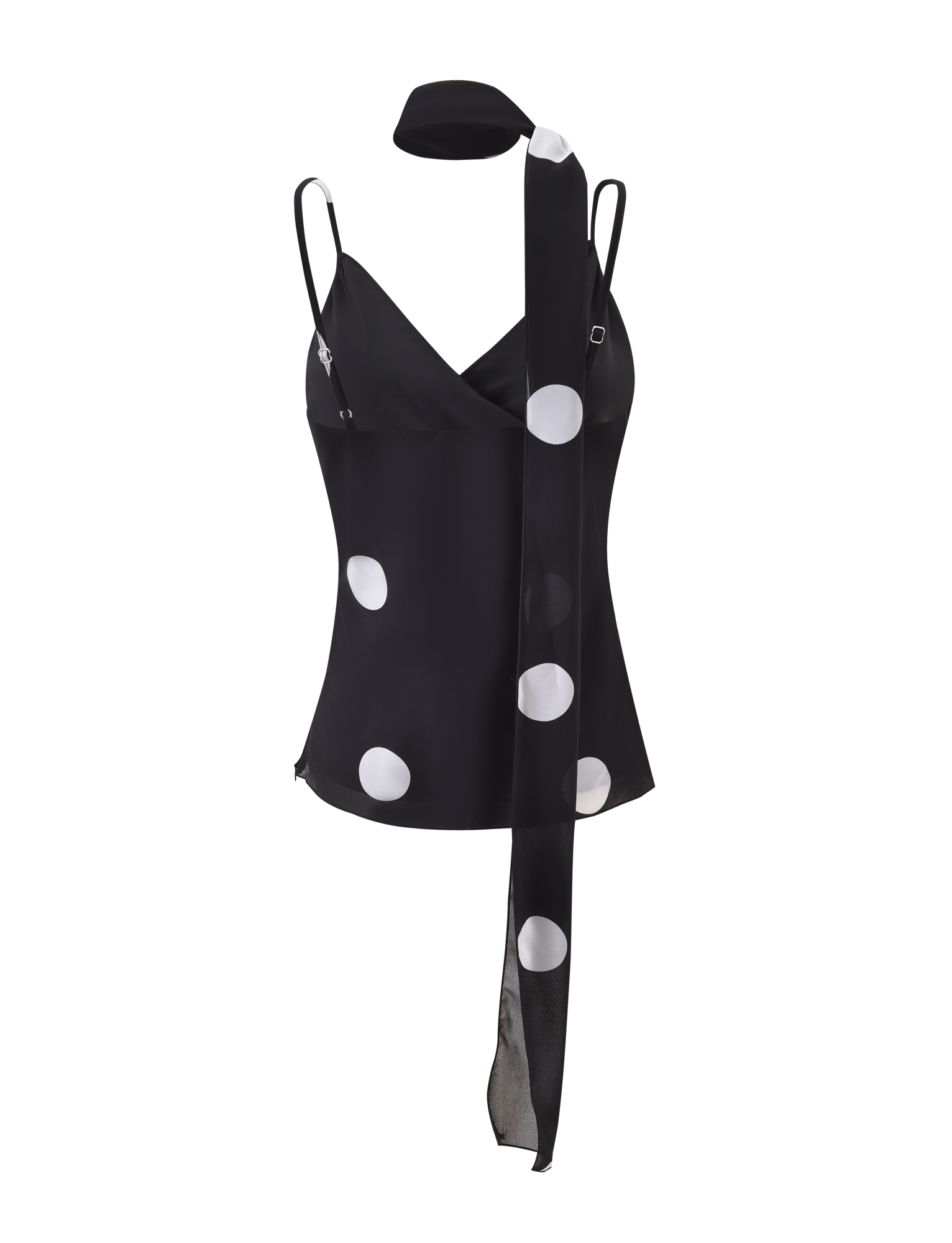 The AYDIN SCARF TOP - BLACK by TIGERMIST features a black chiffon triangle cami with adjustable straps and bold polka dots, paired with a matching long, sheer scarf draped around the neck against a plain white background.