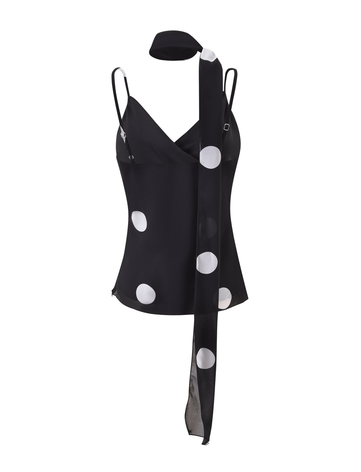 The AYDIN SCARF TOP - BLACK by TIGERMIST features a black chiffon triangle cami with adjustable straps and bold polka dots, paired with a matching long, sheer scarf draped around the neck against a plain white background.