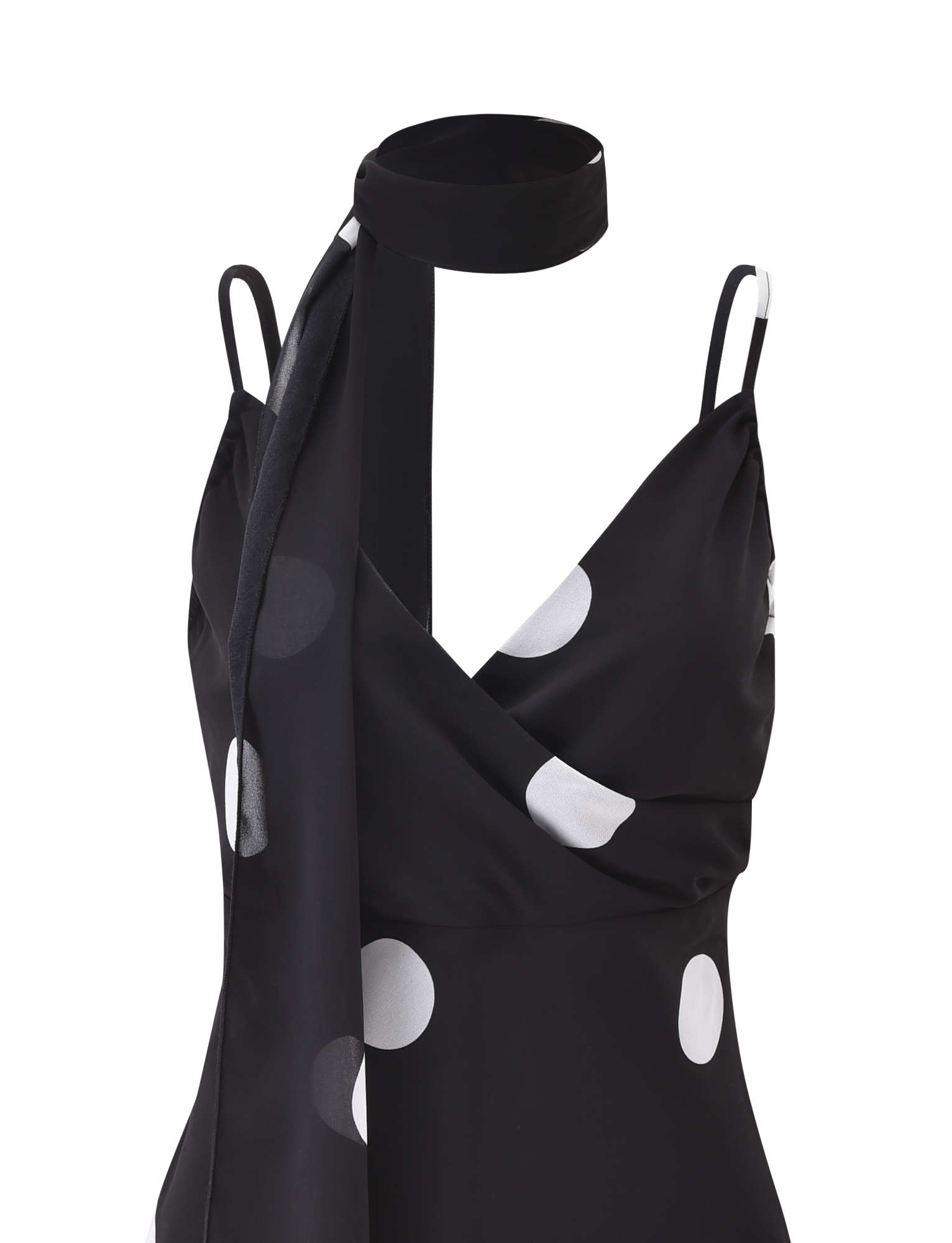 The TIGERMIST AYDIN SCARF TOP in black features a sleeveless polka dot print, adjustable thin straps, a wrap-style front, and comes with a matching black choker scarf.