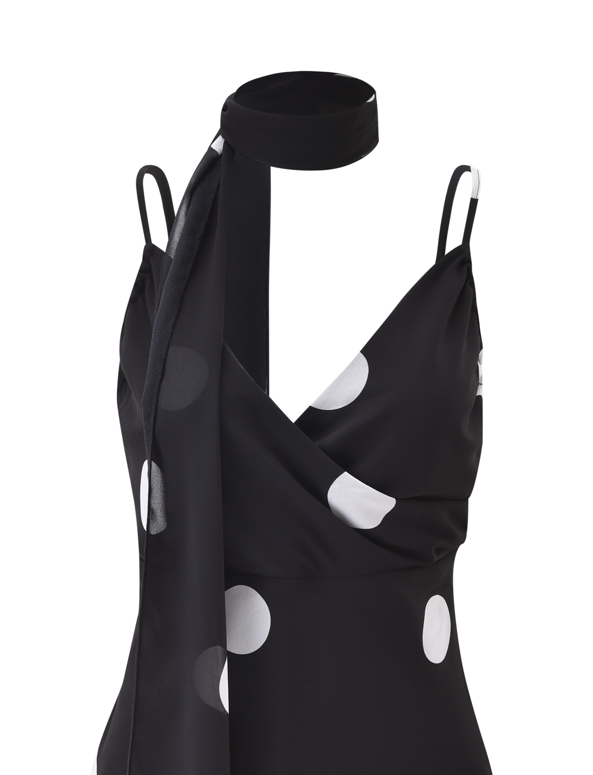 The TIGERMIST AYDIN SCARF TOP in black features a sleeveless polka dot print, adjustable thin straps, a wrap-style front, and comes with a matching black choker scarf.