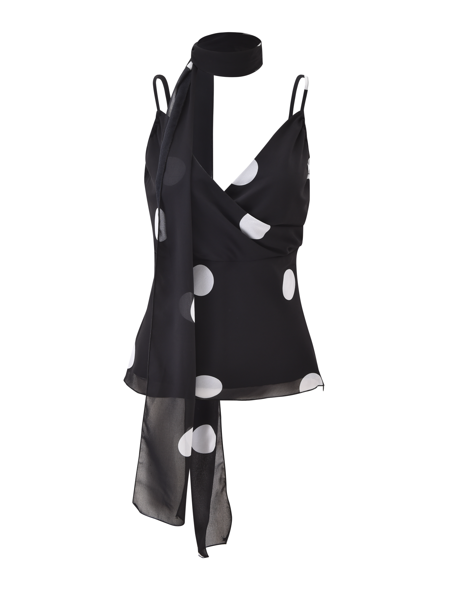 The AYDIN SCARF TOP - BLACK by TIGERMIST is a black polka dot sleeveless cami with adjustable thin straps and an attached sheer scarf collar, made from lightweight, chiffon-like fabric.