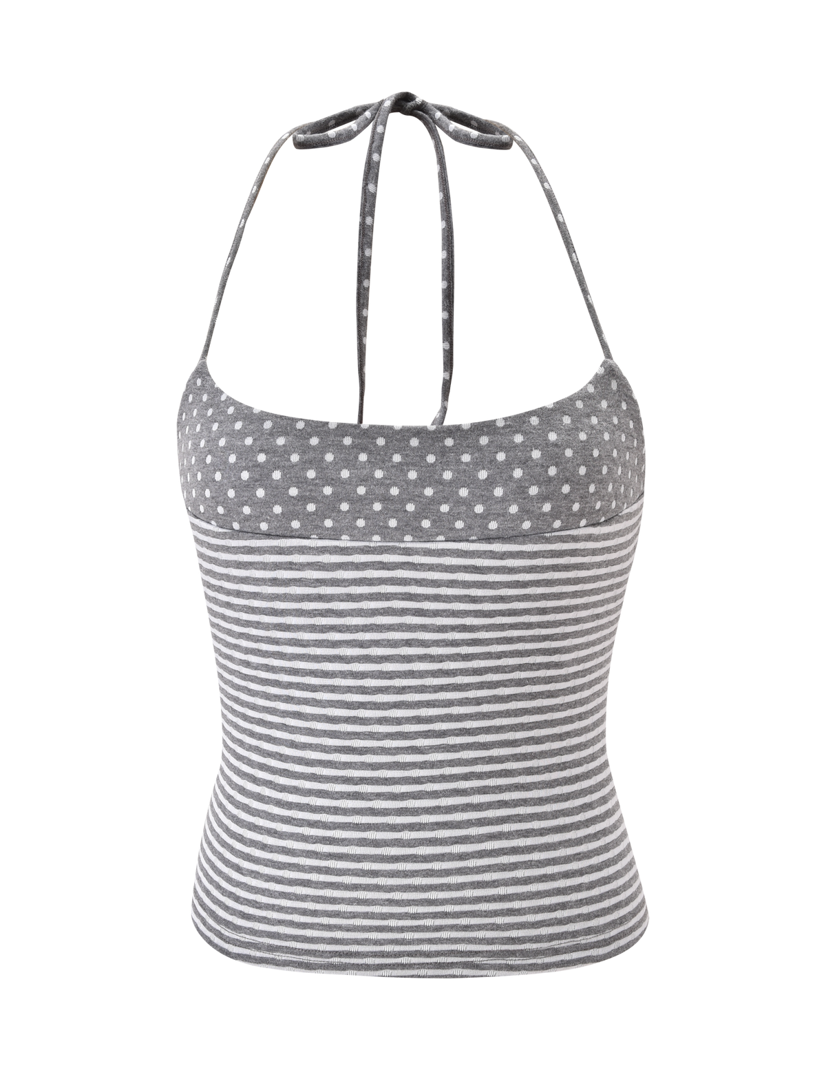 The DASHIELL TOP by TIGERMIST is a heather grey rib knit halter with adjustable neck ties, featuring white polka dots above contrast stripes.