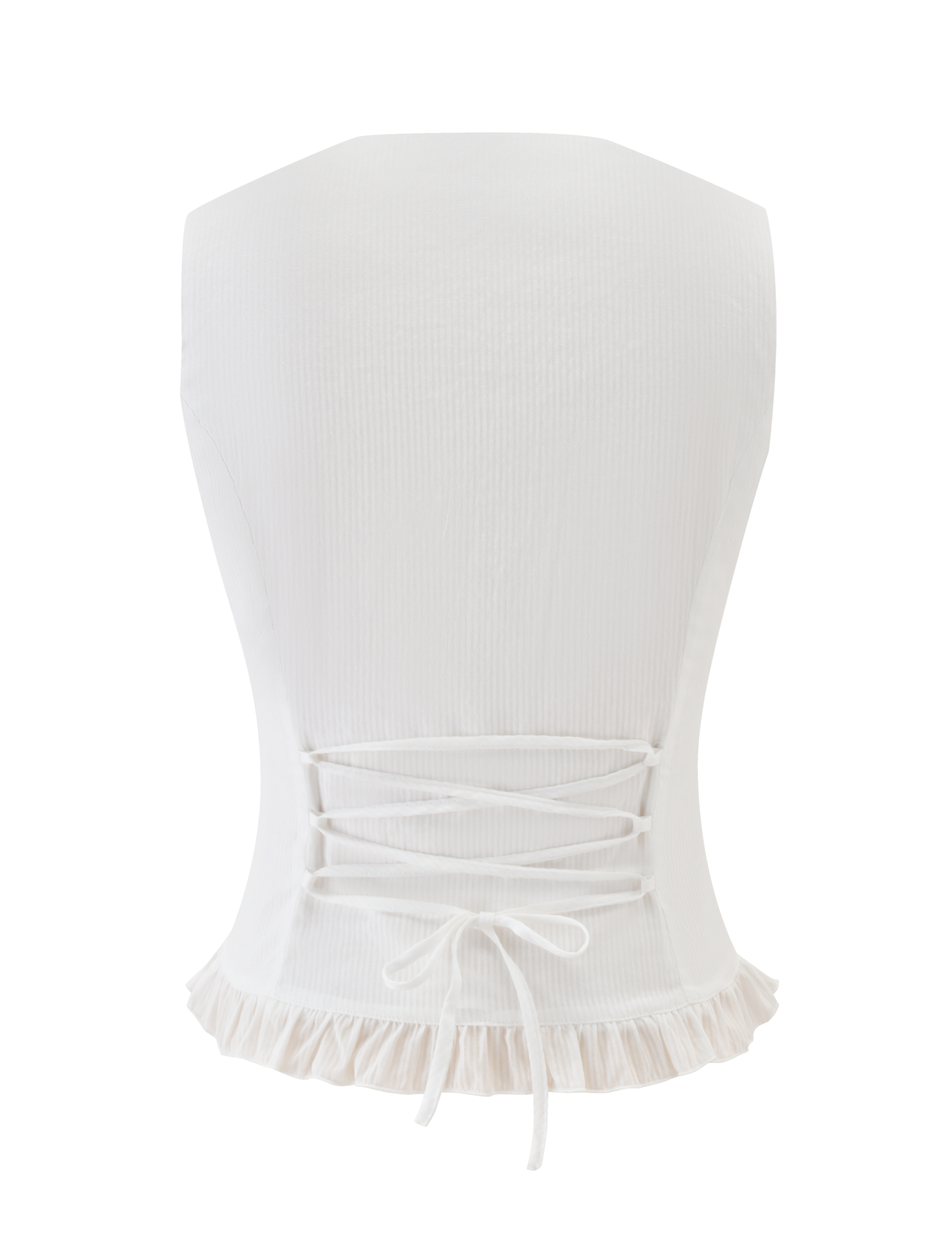 The ANIYA KEYHOLE TOP by TIGERMIST is a white sleeveless top featuring a keyhole detail, fitted back, lace-up accents, and a ruffle hem. Displayed against a plain white background.