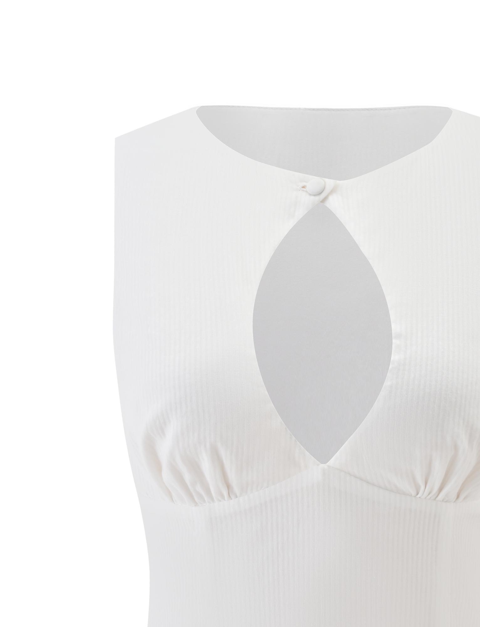 The ANIYA KEYHOLE TOP - WHITE by TIGERMIST features a sleeveless design, ribbed texture, keyhole neckline with button closure, and ruched detailing under the bust for a chic look.