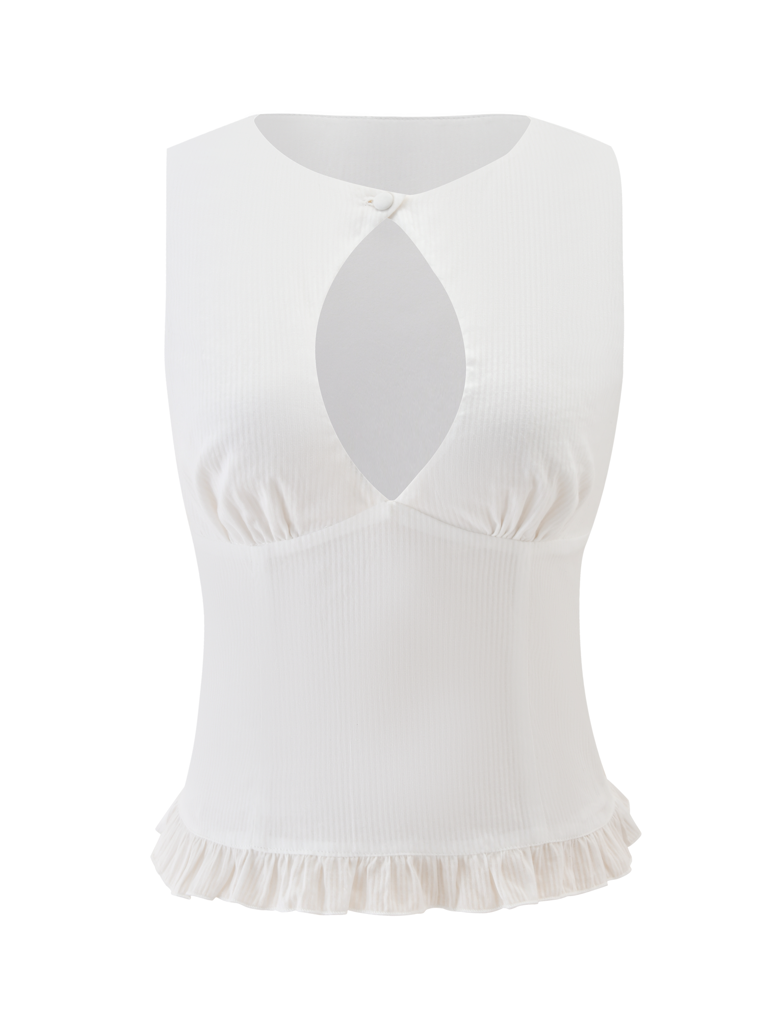 The ANIYA KEYHOLE TOP by TIGERMIST is a sleeveless white top with a front keyhole cutout, small button neckline closure, ruched bust, ruffle hem, and lightweight ribbed fabric.