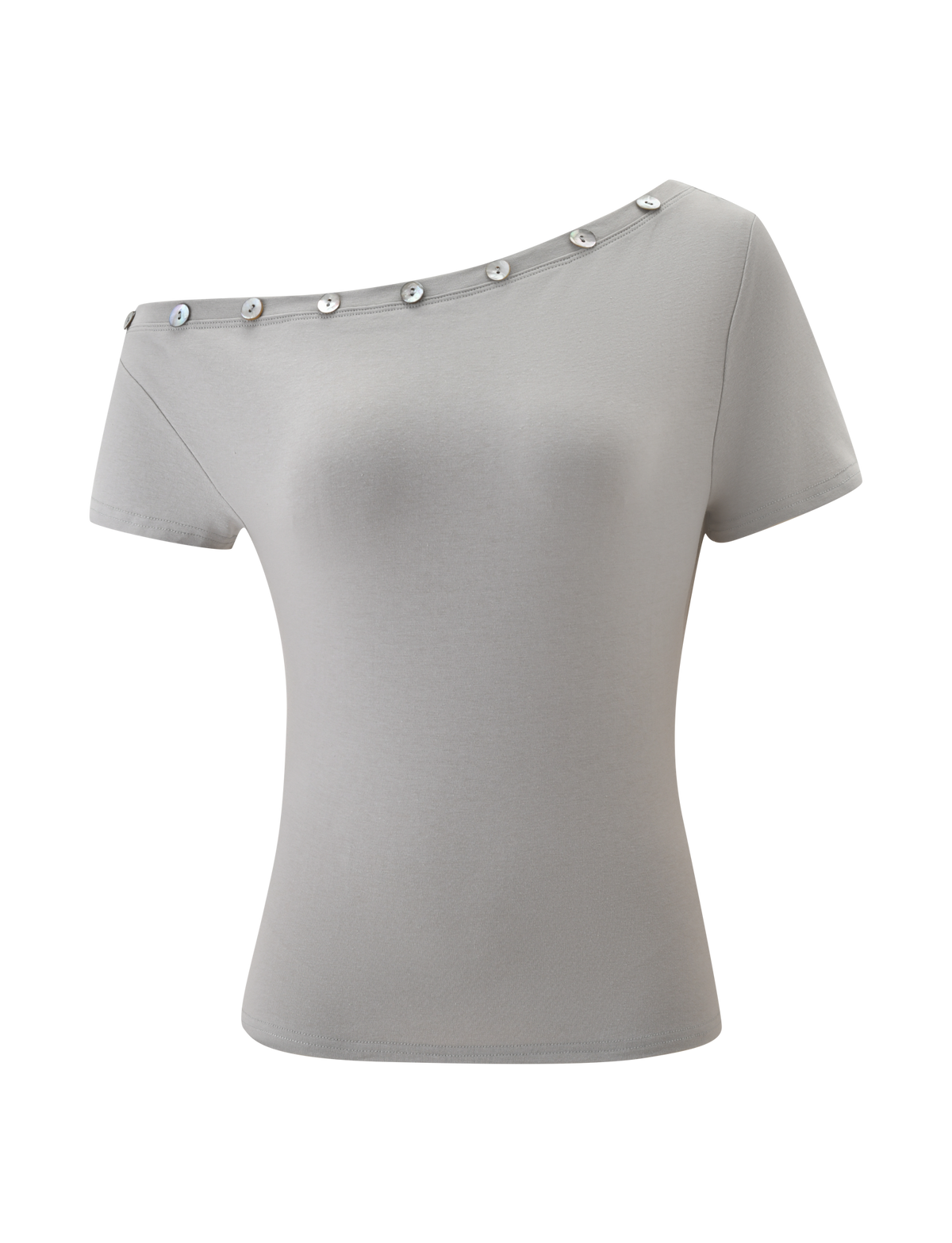 The MARITA TOP by TIGERMIST in dove grey is a fitted women’s short-sleeve top with an asymmetrical, off-the-shoulder neckline and decorative silver buttons.