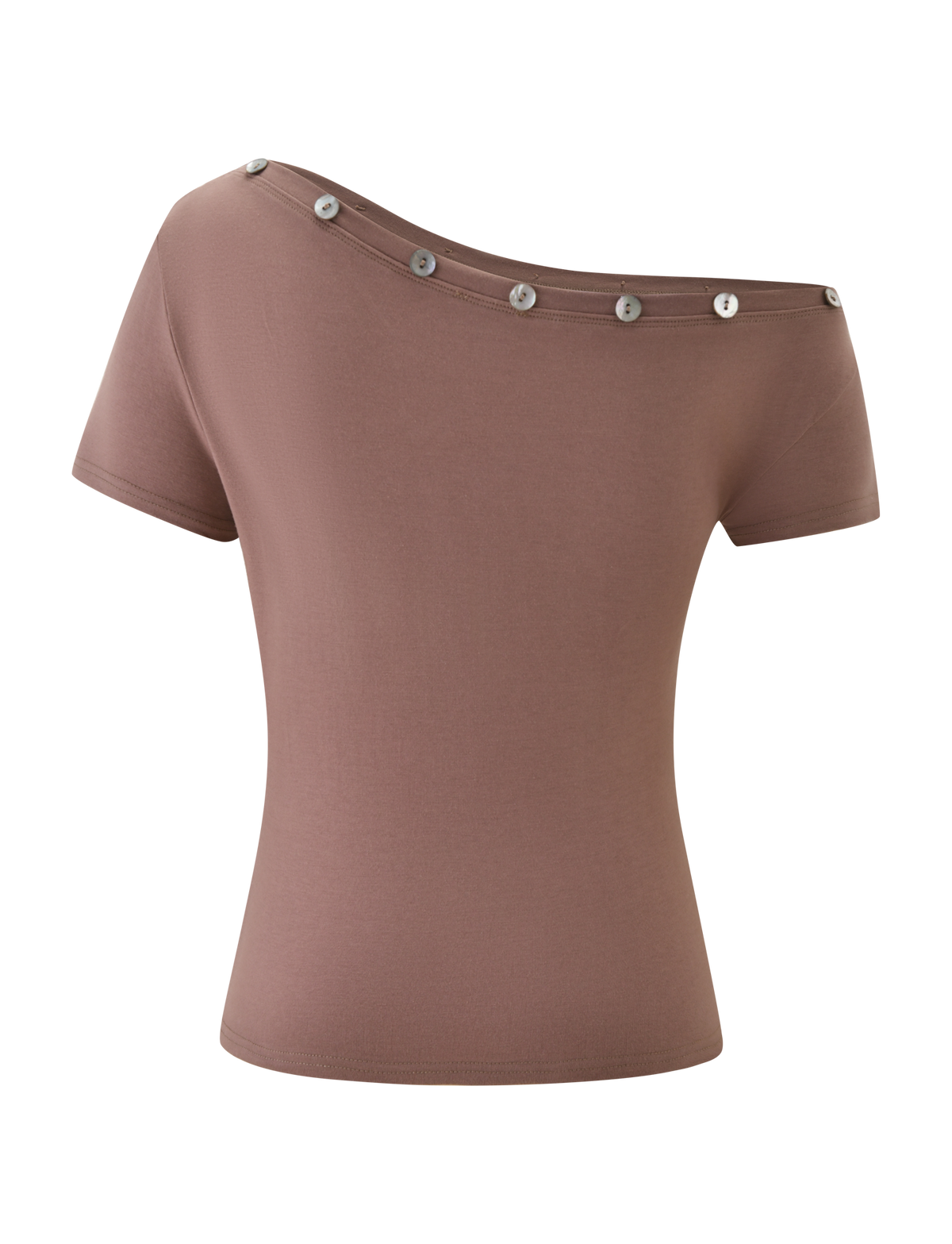 The MARITA TOP - MOCHA by TIGERMIST is a women’s short-sleeve tee featuring an asymmetrical, off-the-shoulder neckline with silver buttons. Its soft, fitted mauve fabric is displayed on a plain white background.
