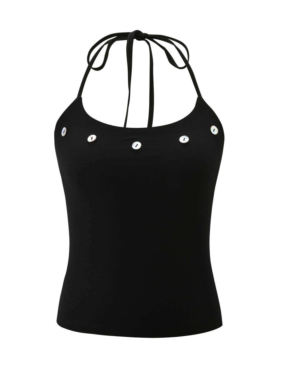 The PIPPA TOP - BLACK by TIGERMIST is a halter neck tank featuring thin tie straps, a scoop neckline, and five silver grommet-style eyelets in a horizontal line across the chest.