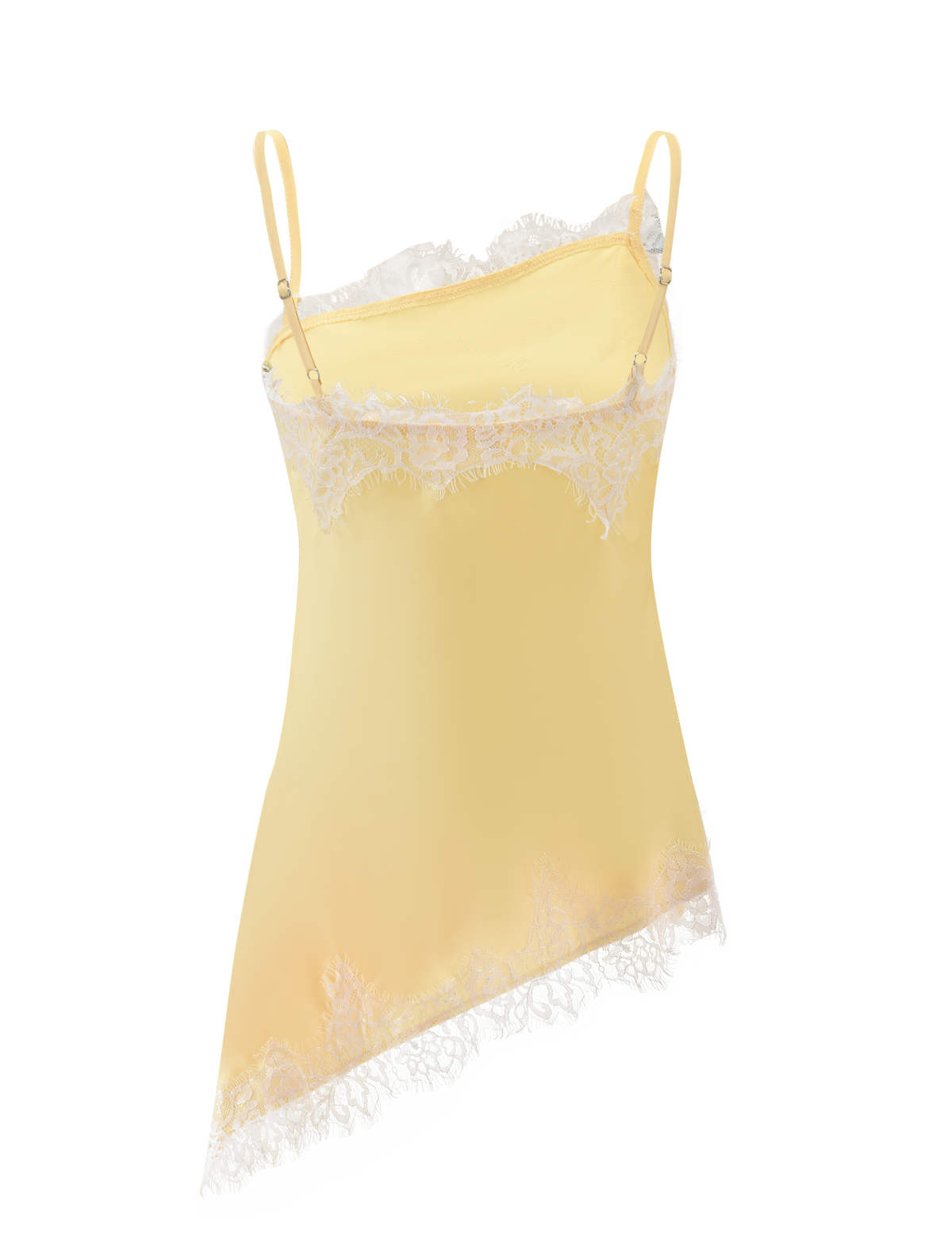 The SOLSTICE TOP - YELLOW by TIGERMIST is a yellow satin singlet with adjustable spaghetti straps, ivory lace trim on the neckline and hem, and an asymmetrical bottom cut.