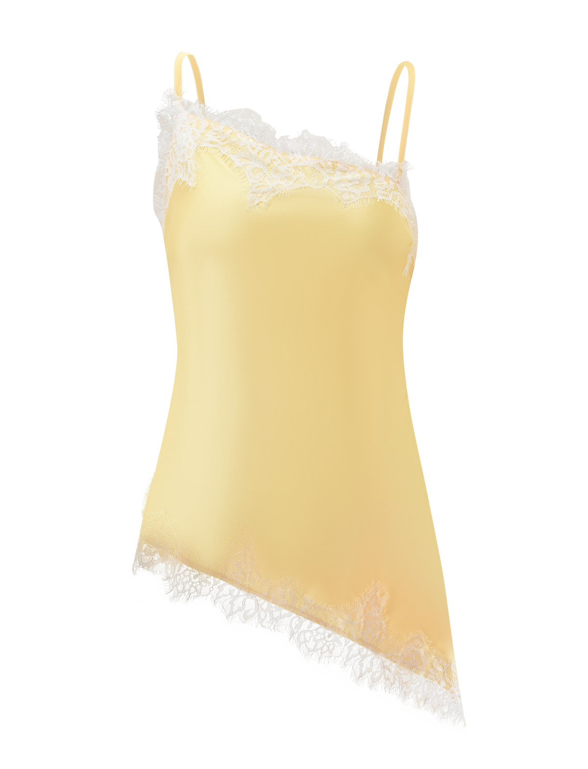 The SOLSTICE TOP - YELLOW by TIGERMIST features thin straps, ivory lace trim along the top edge, an asymmetrical hem, and a smooth, silky fabric.