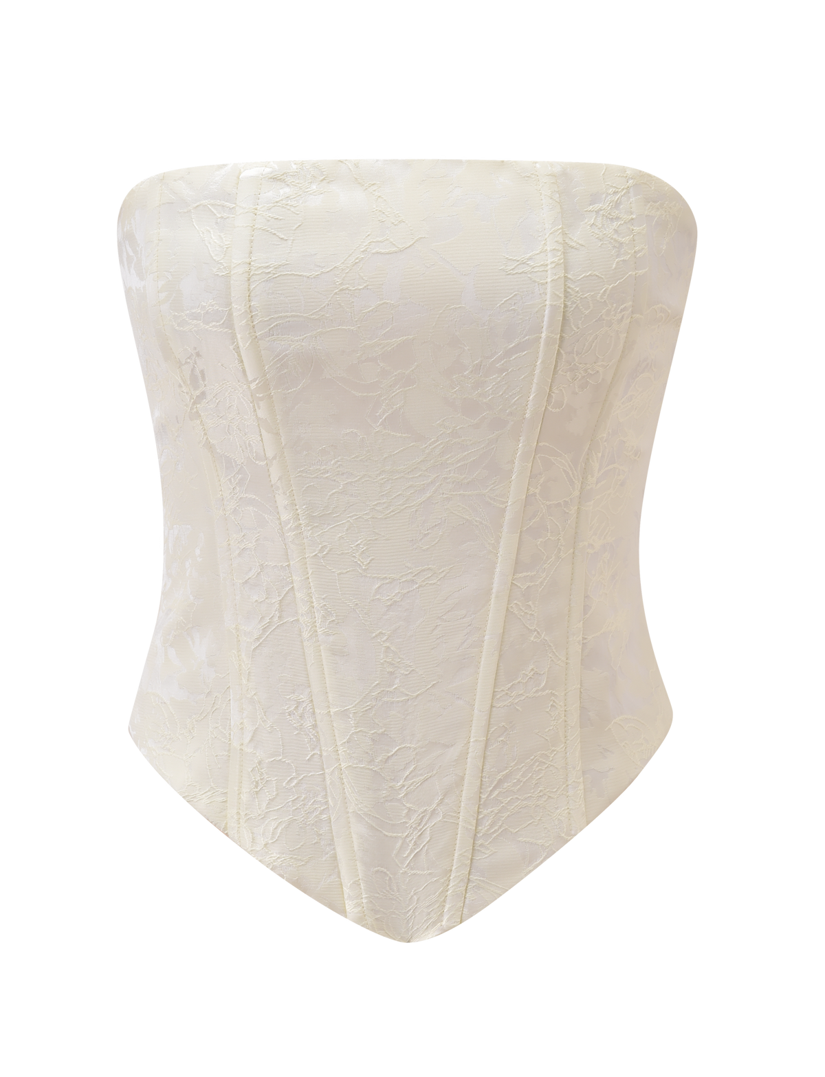 The LANIA CORSET TOP by TIGERMIST is a cream strapless corset with a sweetheart neckline, structured seams, pointed hem, floral lace pattern, and an elegant lace-up back.