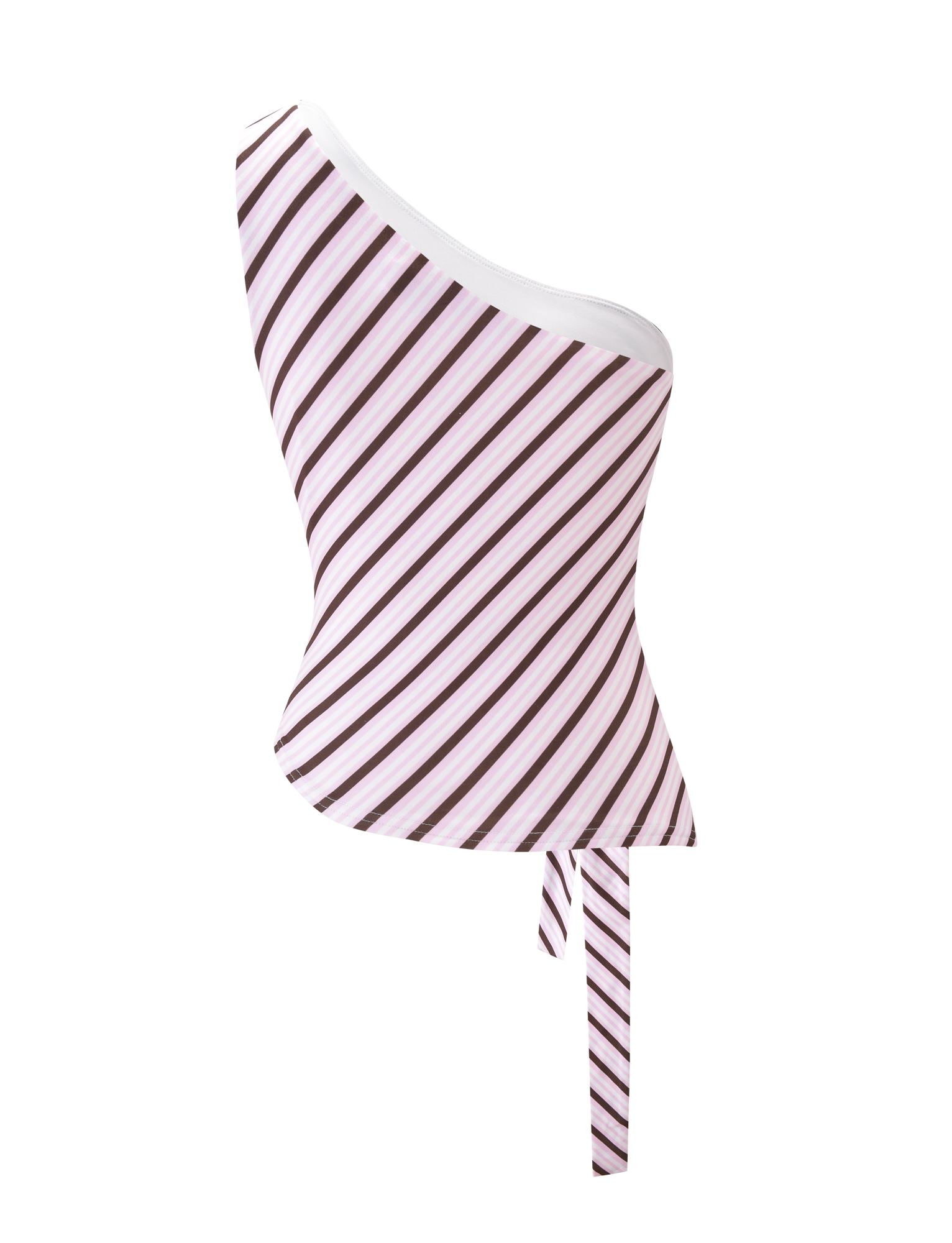 The LYLE ONE SHOULDER TOP by TIGERMIST features a fitted design, pink and brown diagonal stripes, an asymmetric hem, and a chic waistband tie.