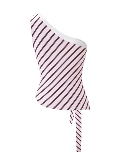 The LYLE ONE SHOULDER TOP by TIGERMIST features a fitted design, pink and brown diagonal stripes, an asymmetric hem, and a chic waistband tie.