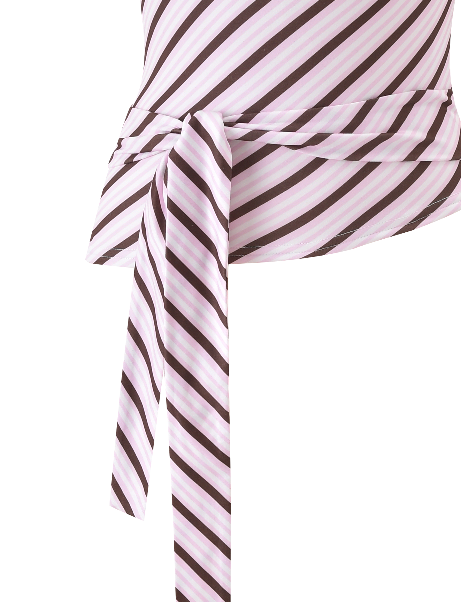 Close-up of the TIGERMIST LYLE ONE SHOULDER TOP - PINK STRIPE, featuring diagonal white, pink, and brown stripes, a one-shoulder design, and a tied fabric waistband, set against a plain white background.
