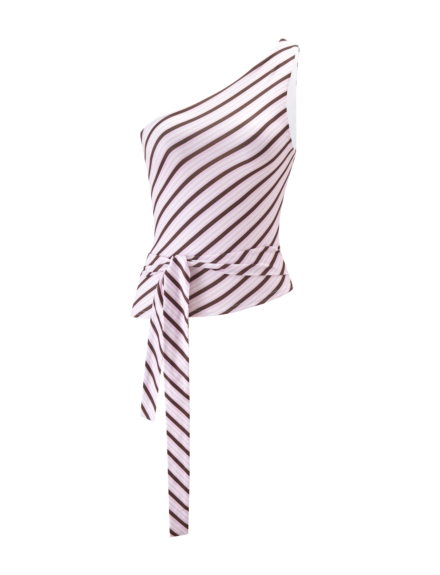 The TIGERMIST LYLE ONE SHOULDER TOP in pink stripe features a sleeveless, one-shoulder design with diagonal stripes and a matching waistband tie, shown against a plain white background.