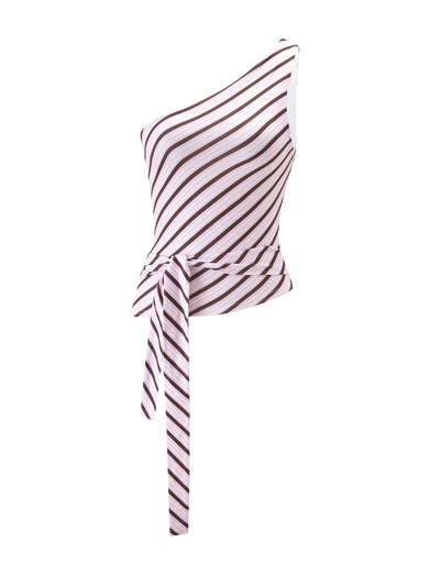 The TIGERMIST LYLE ONE SHOULDER TOP in pink stripe features a sleeveless, one-shoulder design with diagonal stripes and a matching waistband tie, shown against a plain white background.