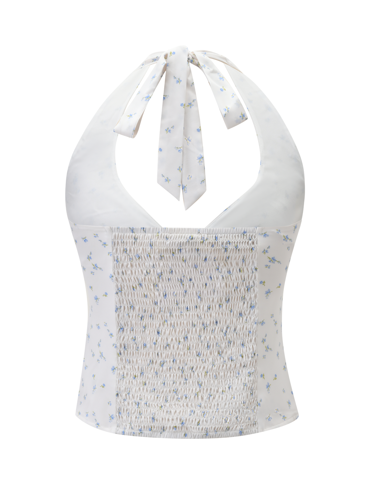 The CALI TOP - DITSY FLORAL by TIGERMIST is a sleeveless white halter top with a blue ditsy floral print, tie-back, smocked central panel, and subtle ruched bust detailing.