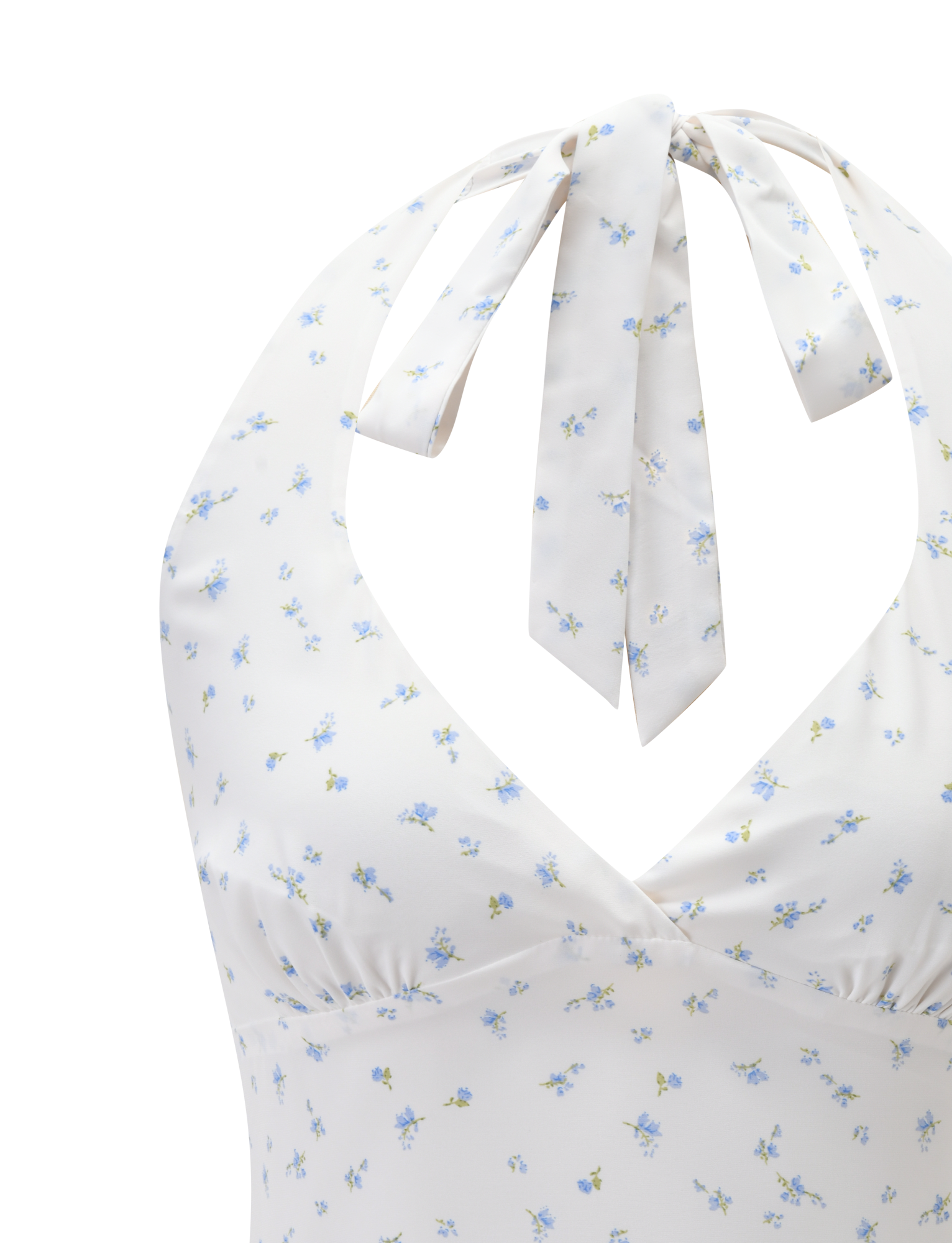 Close-up of the TIGERMIST CALI TOP - DITSY FLORAL, a white halter-neck style with a blue ditsy floral print, V-neckline, neck ties, and ruched bust detailing for added texture.