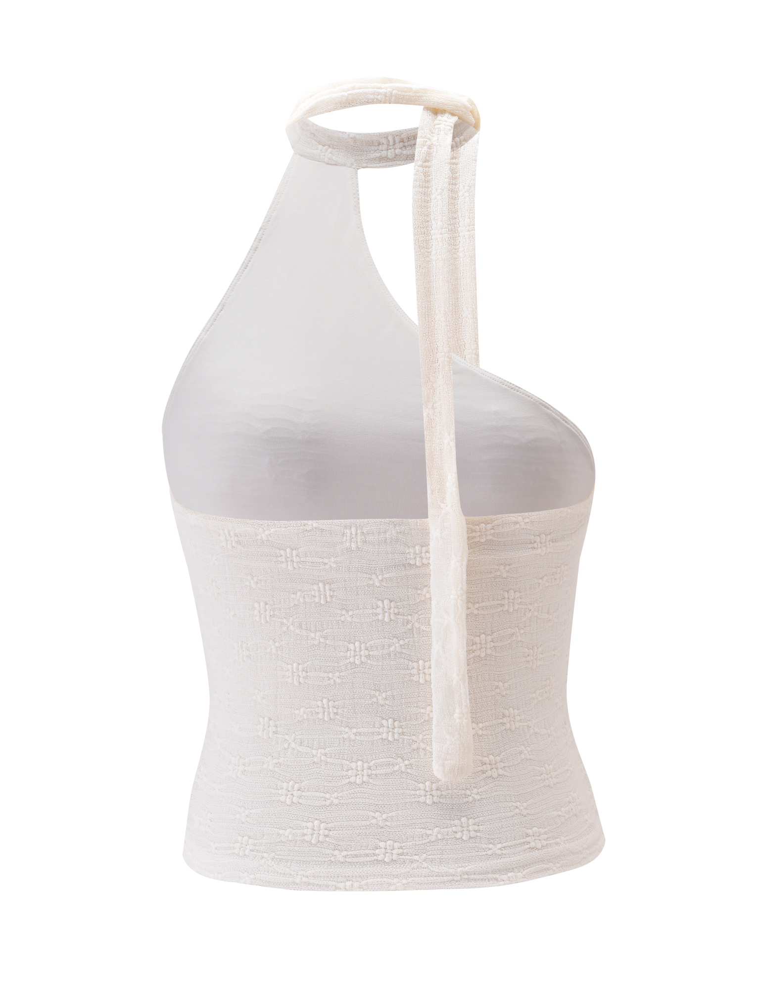 The MYLAH ONE SHOULDER TOP - IVORY by TIGERMIST features an ivory lace knit with a textured finish, an asymmetrical one-shoulder halter scarf neckline, and a wrap-around neck tie, displayed on a mannequin against a plain background.