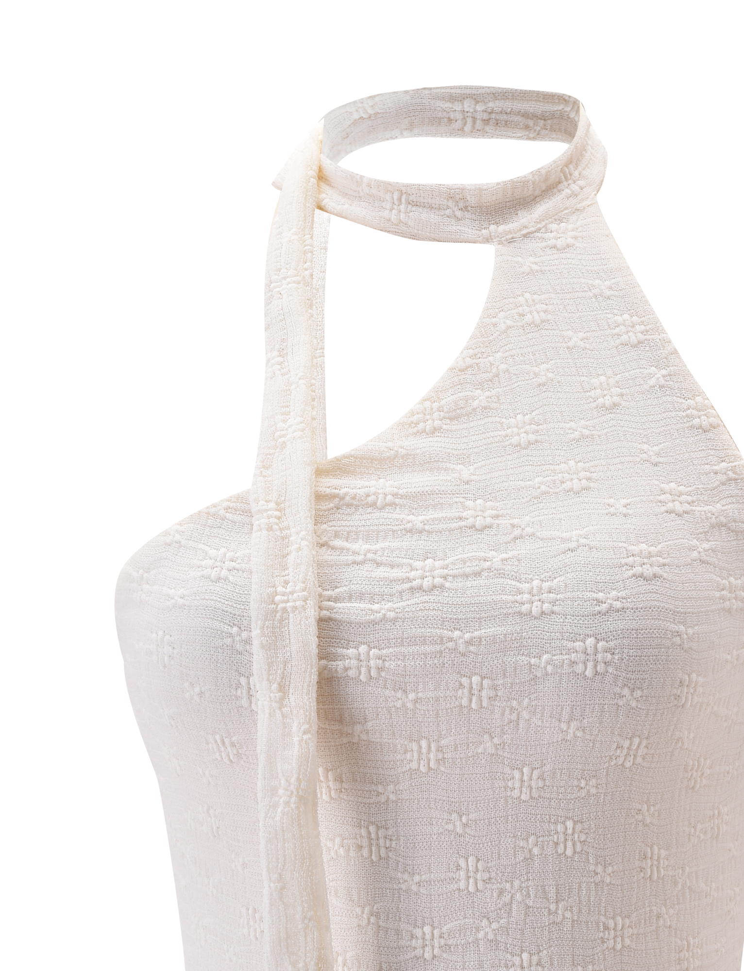 Close-up of the TIGERMIST MYLAH ONE SHOULDER TOP in ivory, showcasing a textured geometric fabric, asymmetrical one-shoulder neckline, and a thin matching halter strap.