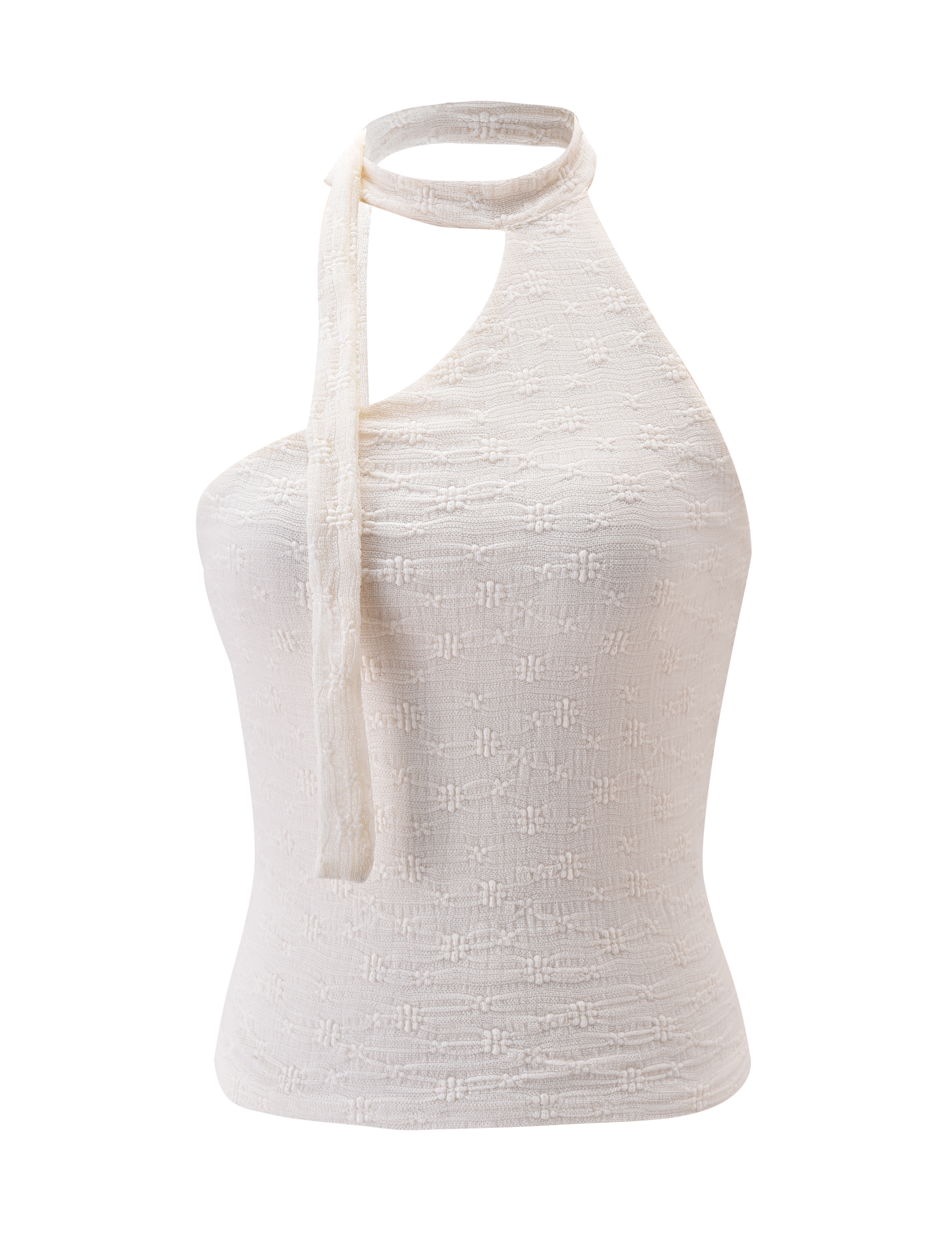 The MYLAH ONE SHOULDER TOP in ivory by TIGERMIST is a sleeveless lace knit top with a one-shoulder design and a textured halter neck scarf featuring an attached tie, shown against a plain white background.