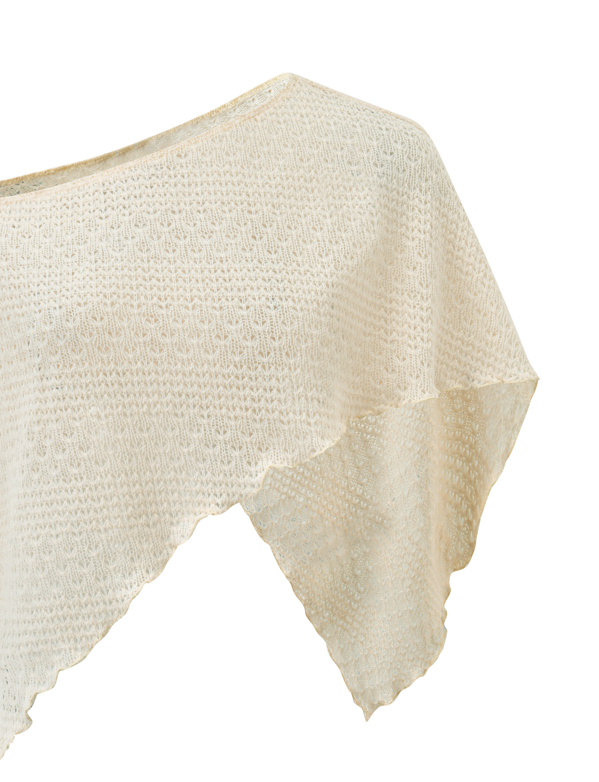 The TIGERMIST FAIRLEE PONCHO in cream features an asymmetrical crochet knit with a textured, open-weave pattern and wavy hem—ideal as a lightweight beach cover-up—shown against a plain white background.